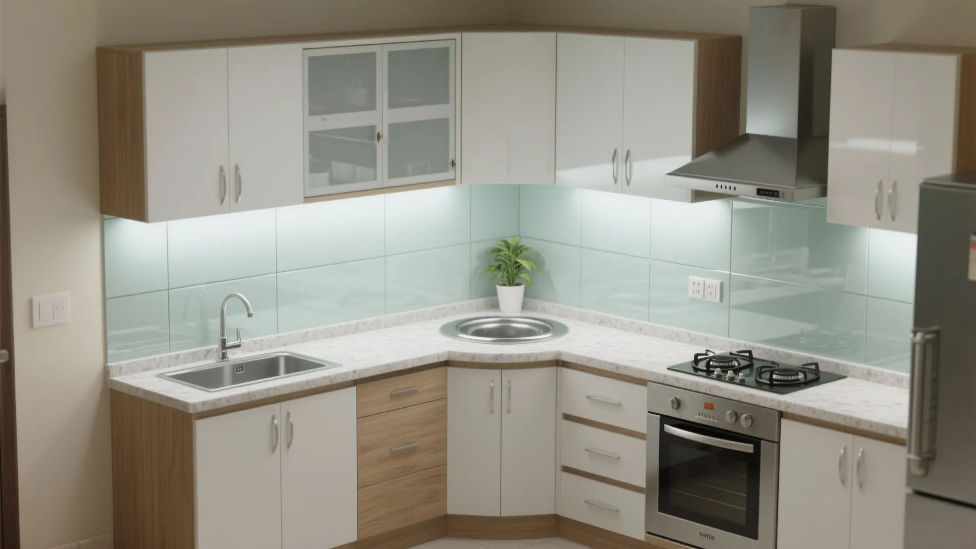 Compact L-Shaped Kitchen With a Glass Backsplash