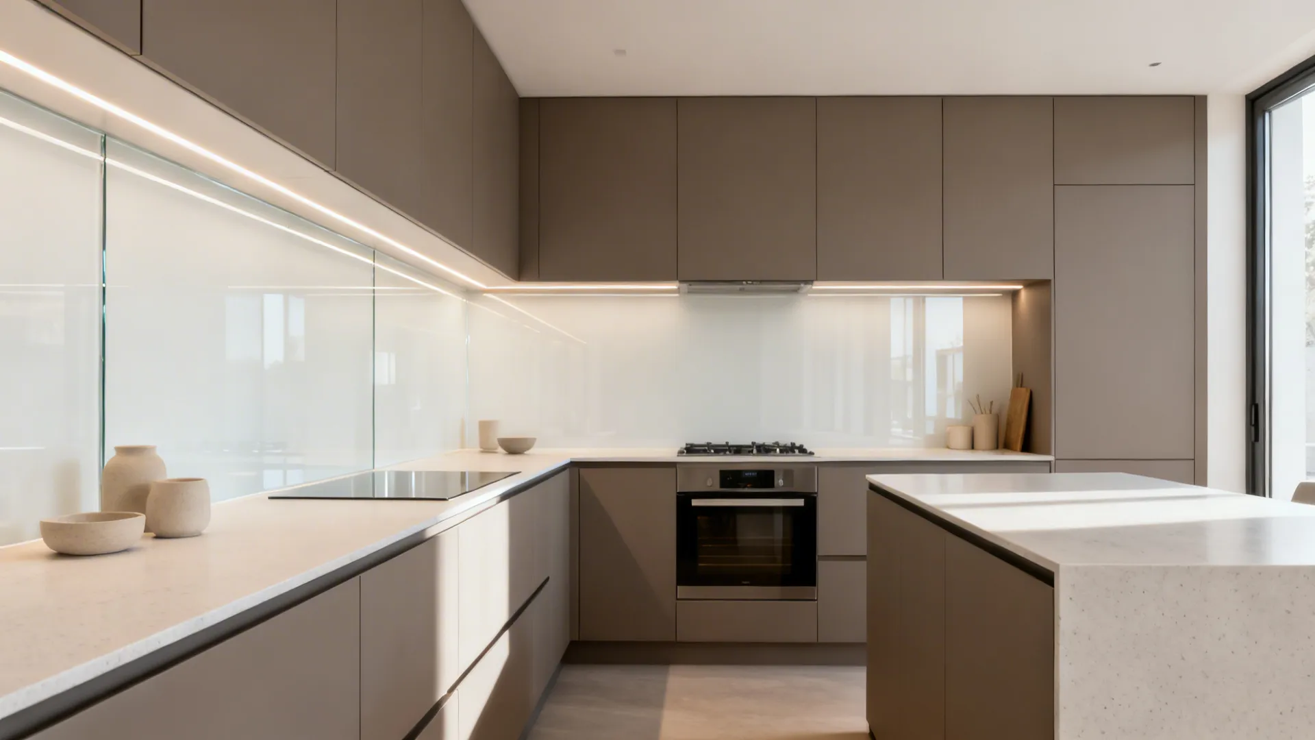 Modern L-shaped kitchen with low-iron glass backsplash reflecting under-cabinet lighting.