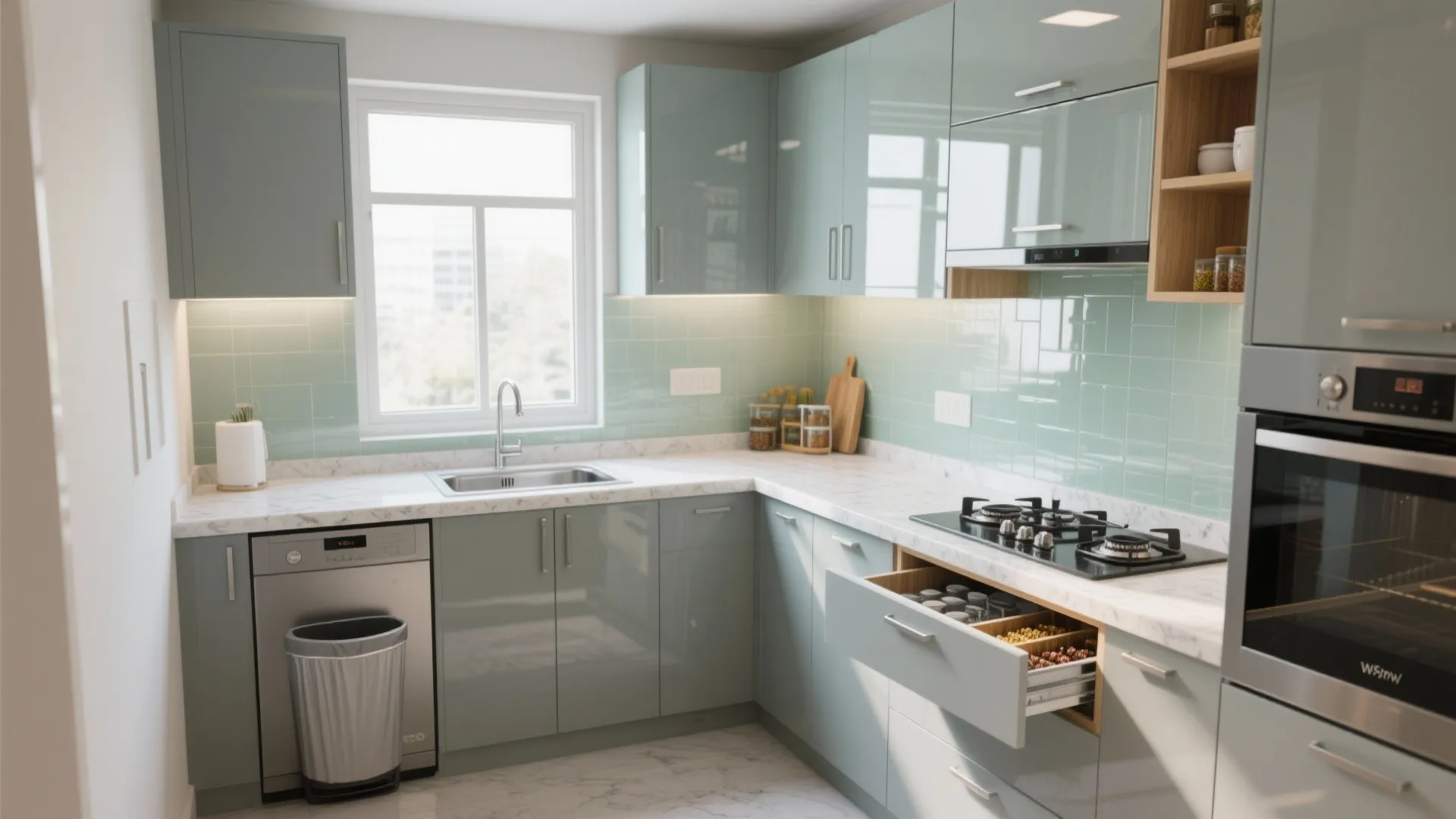 L-shaped Modular Kitchen with a Glossy Backsplash