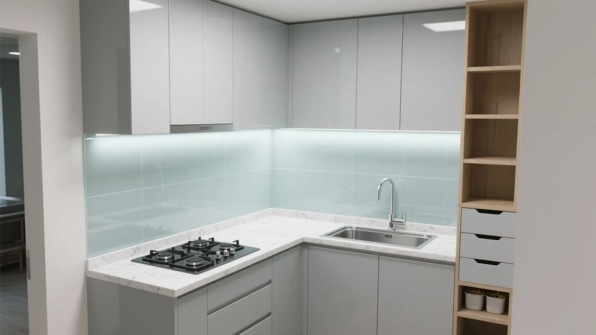 L-Shaped Modular Kitchen with Reflective Elements