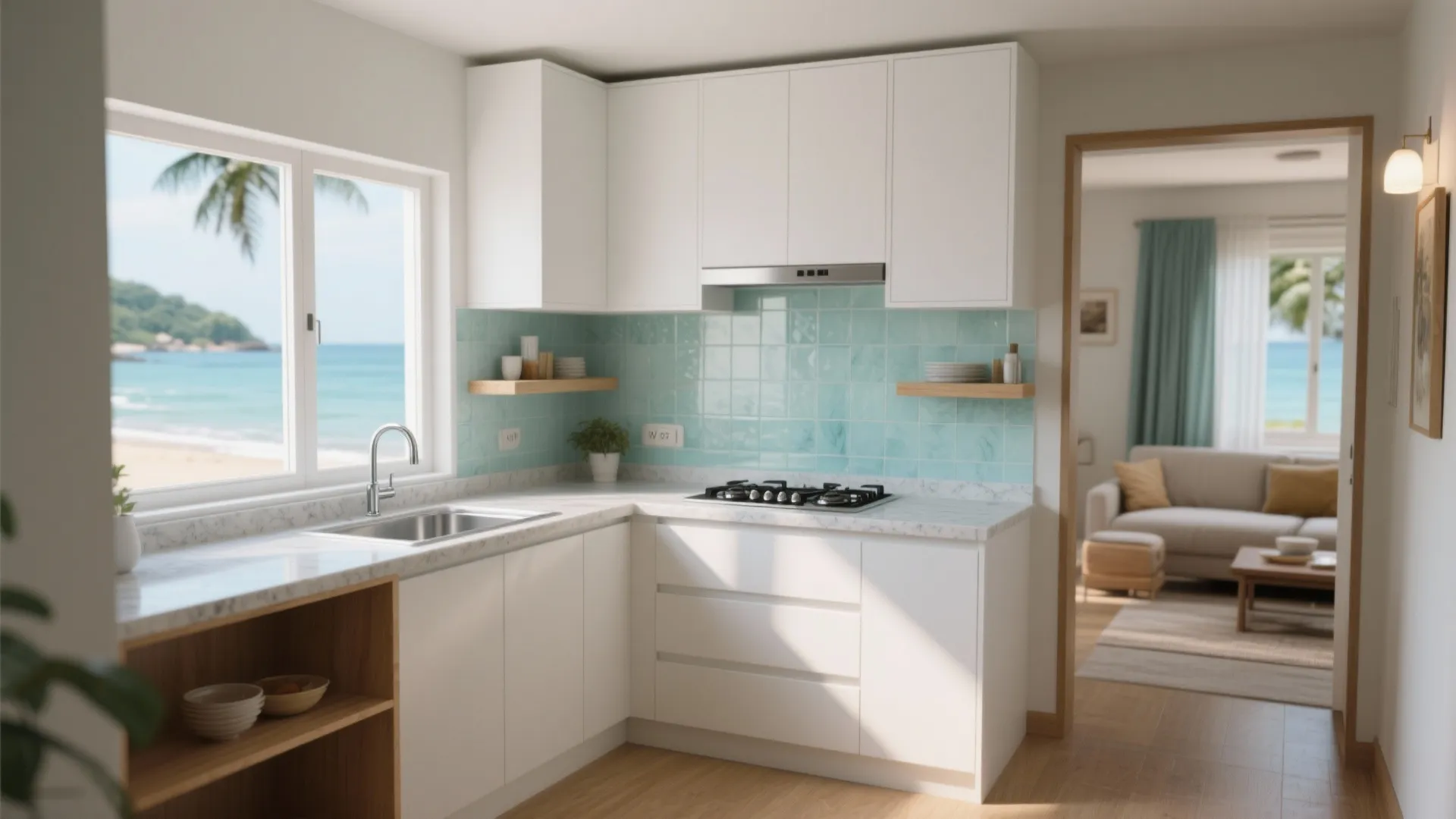 1) L-shaped small kitchen layout that works with coastal living