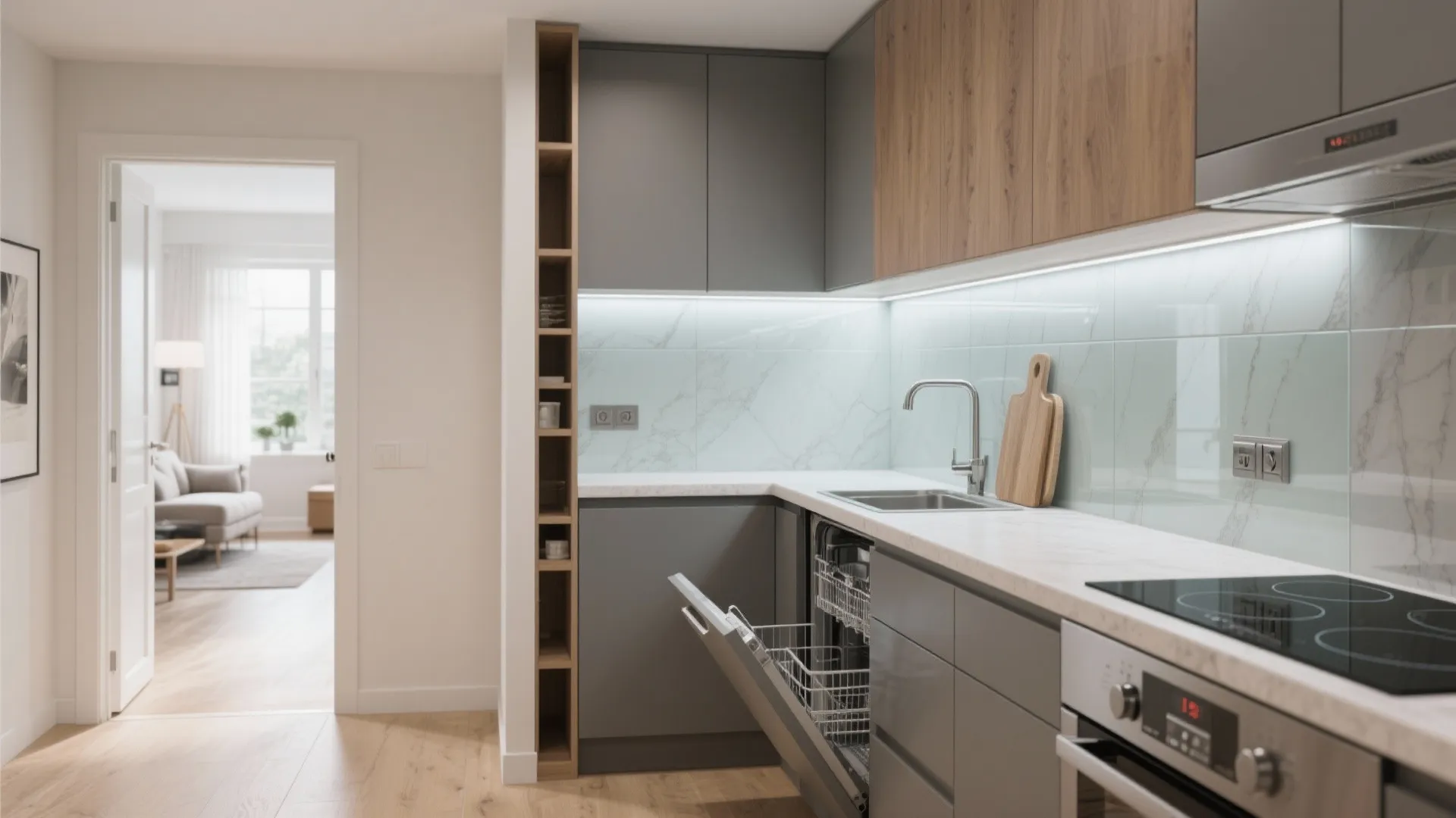 L-Shaped Kitchen That Borrows the Hall