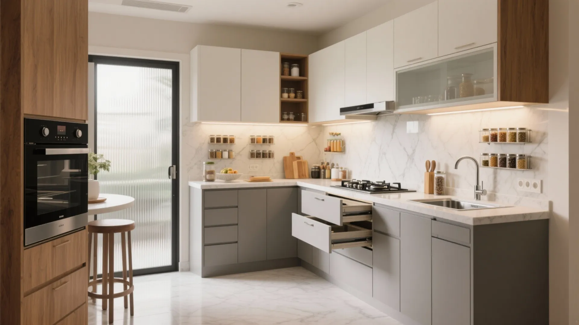 1) L-shaped kitchen with concealed storage