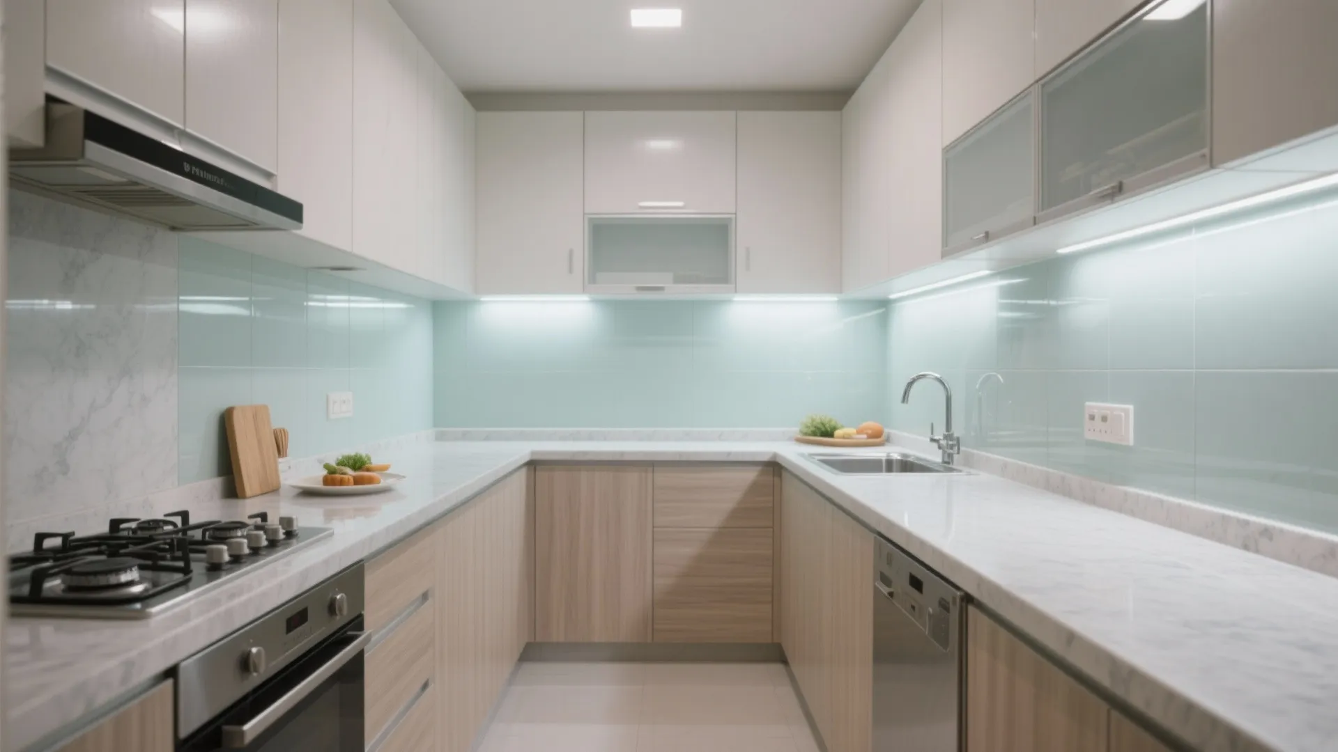 Compact L-shaped kitchen with reflective finishes