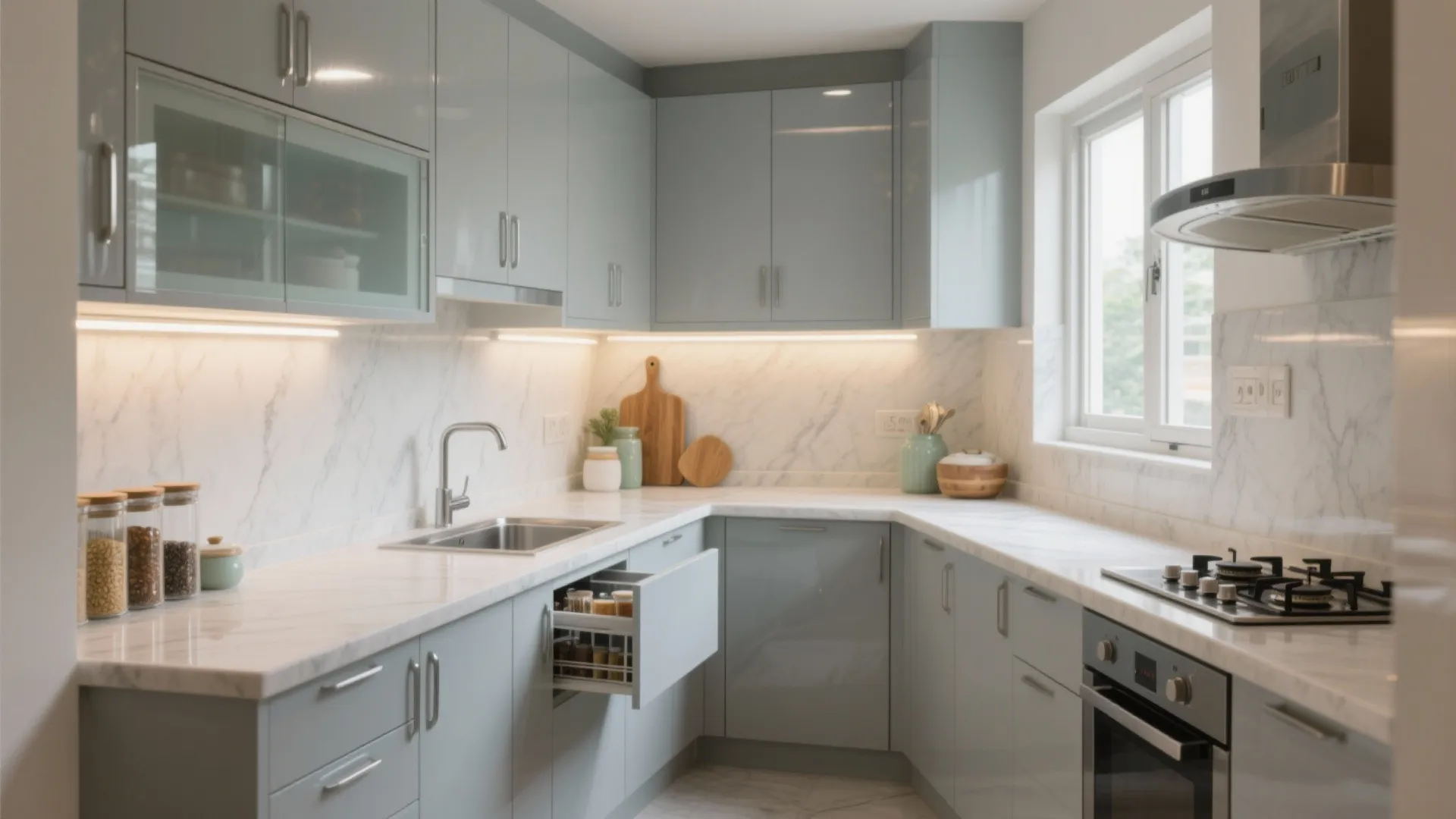 1) L-shaped, light-forward kitchen planning