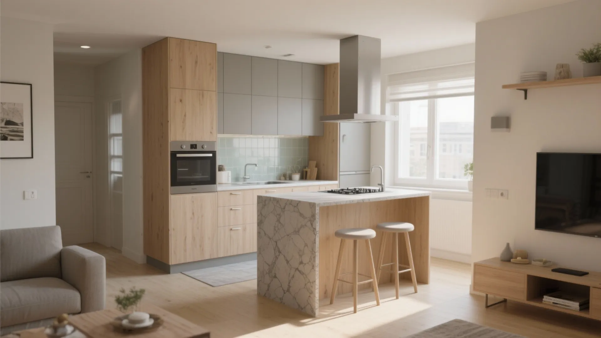 Modern kitchen with wood cabinets marble island two tall stools grey cupboards and natural light