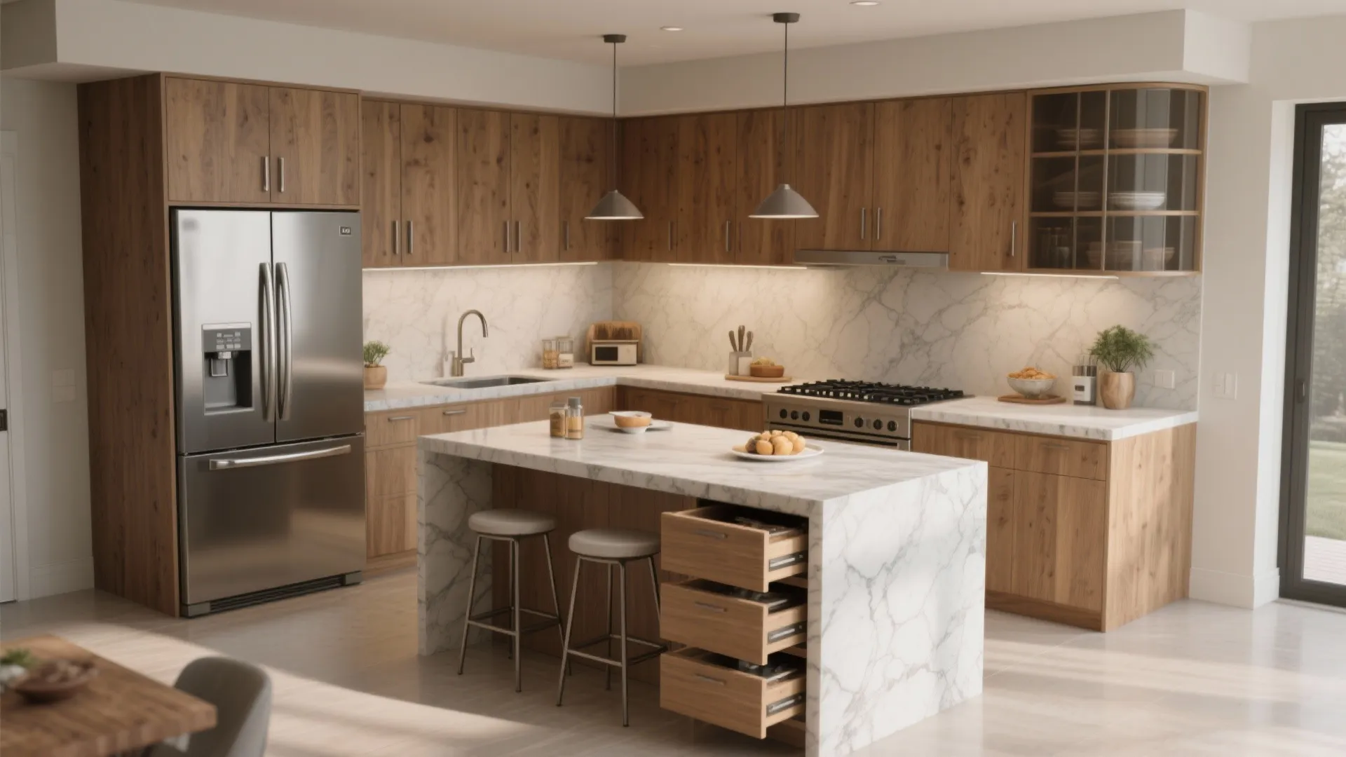 L-shaped chef’s kitchen with a breakfast island