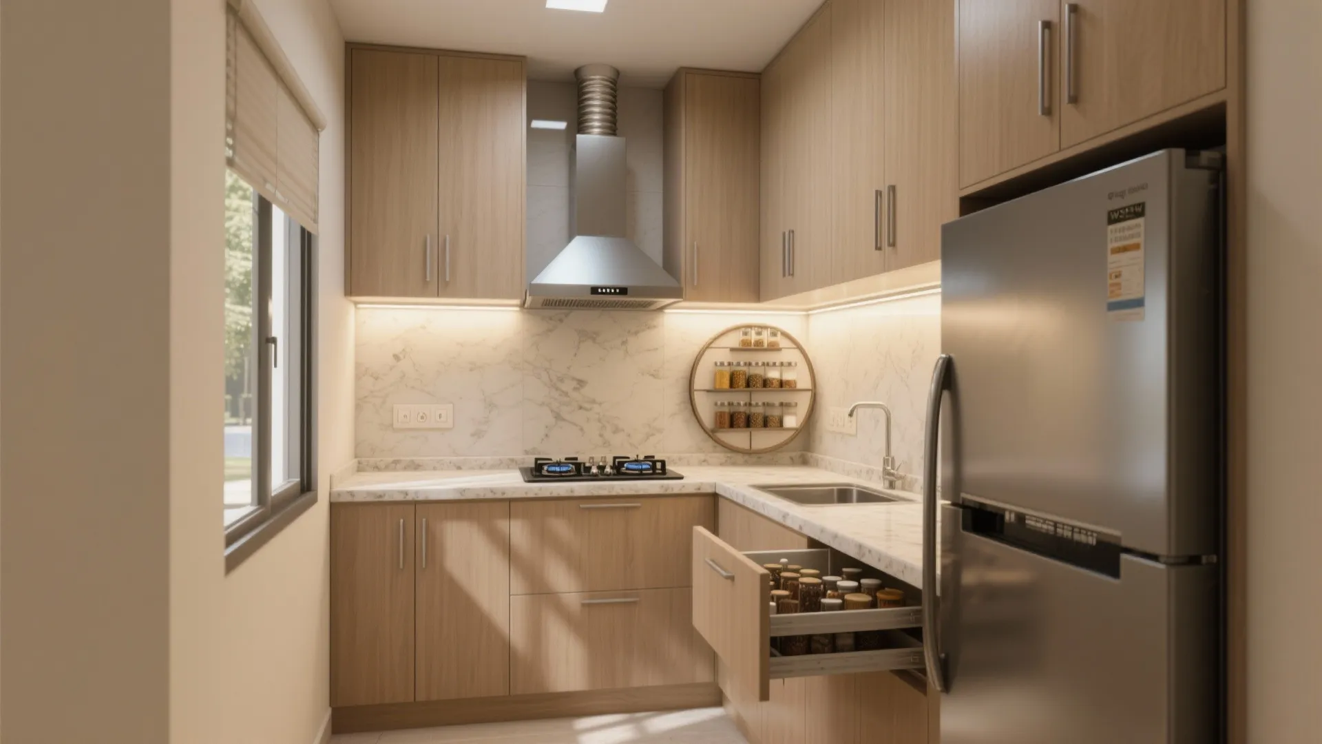 Modern kitchen with wood cabinets marble countertops a silver fridge and an open spice drawer