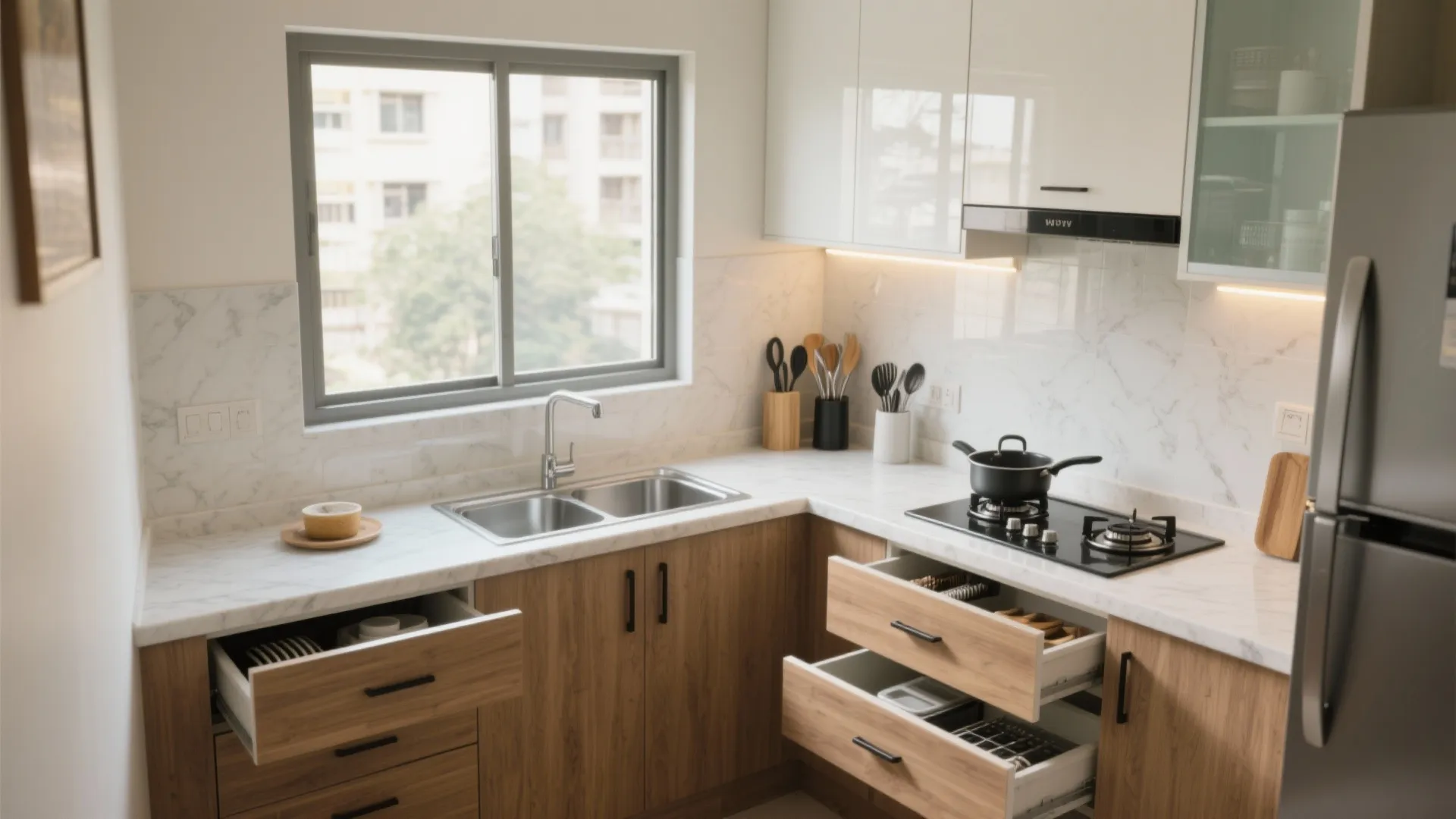 1) L-shaped Small Kitchen, Big Function