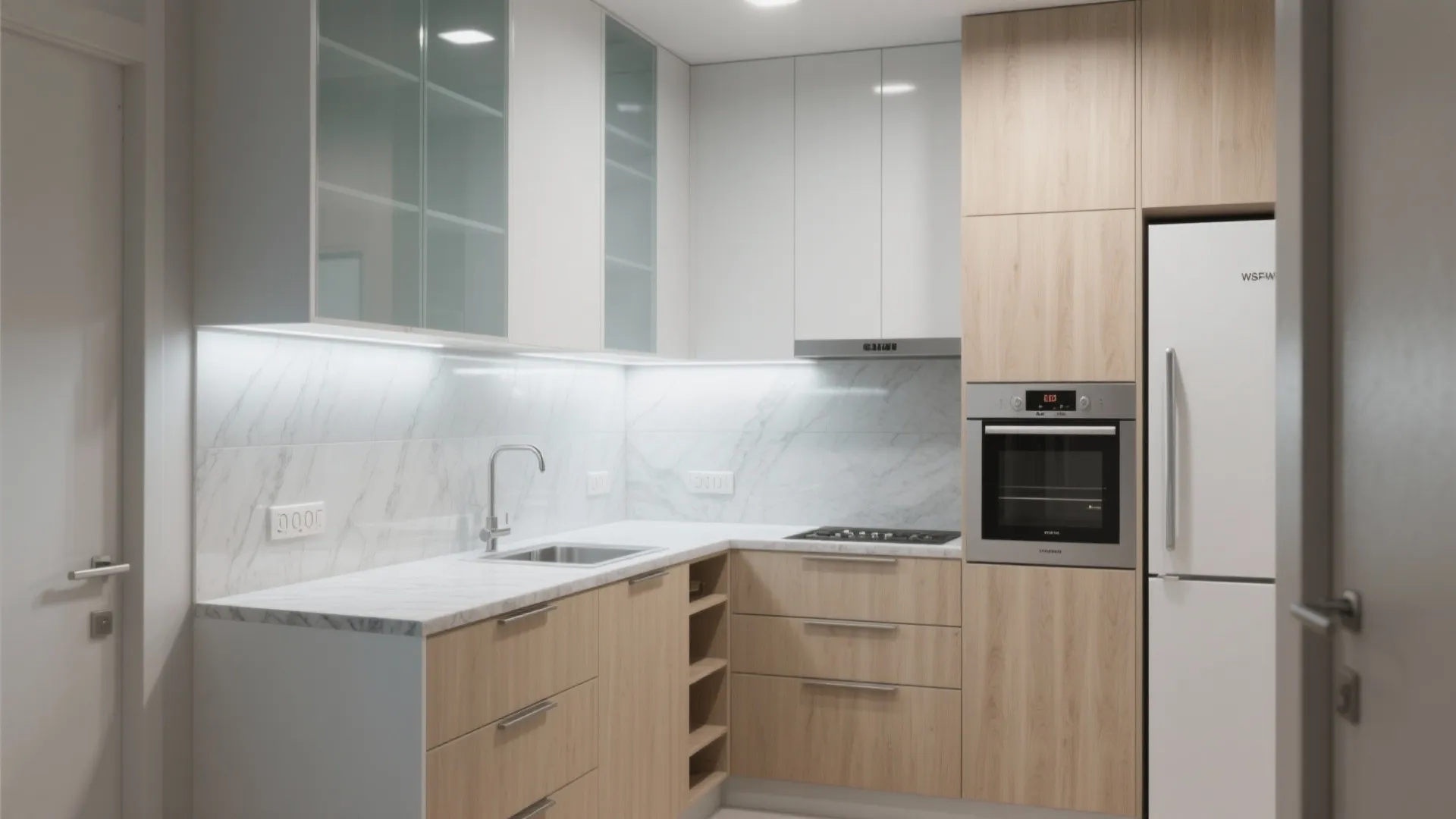 L-shaped kitchen with vertical storage