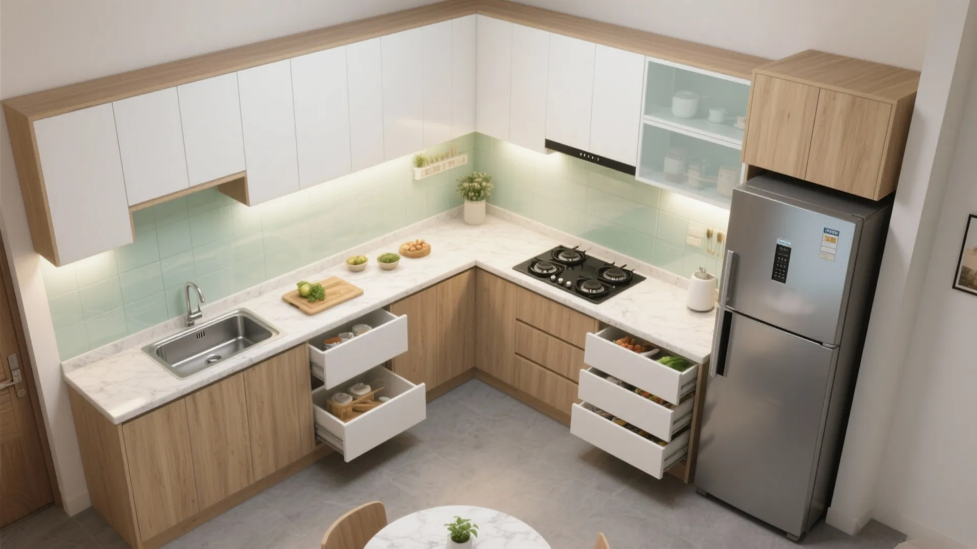 L-shaped layout that respects the work triangle