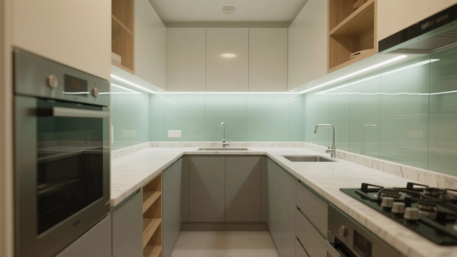 L-shaped small kitchen with task lighting and a bright backsplash