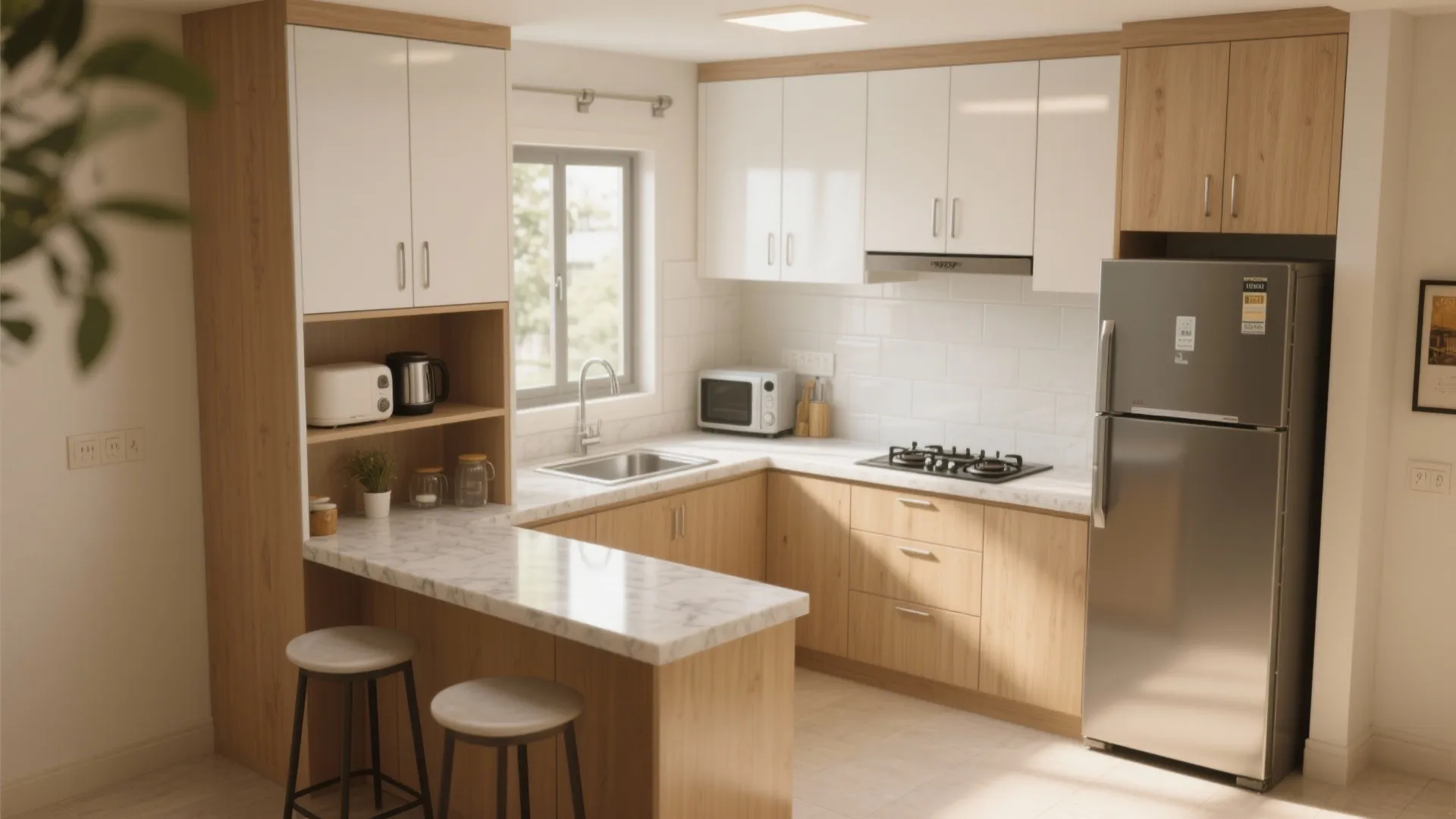 L-shaped kitchen with a breakfast ledge