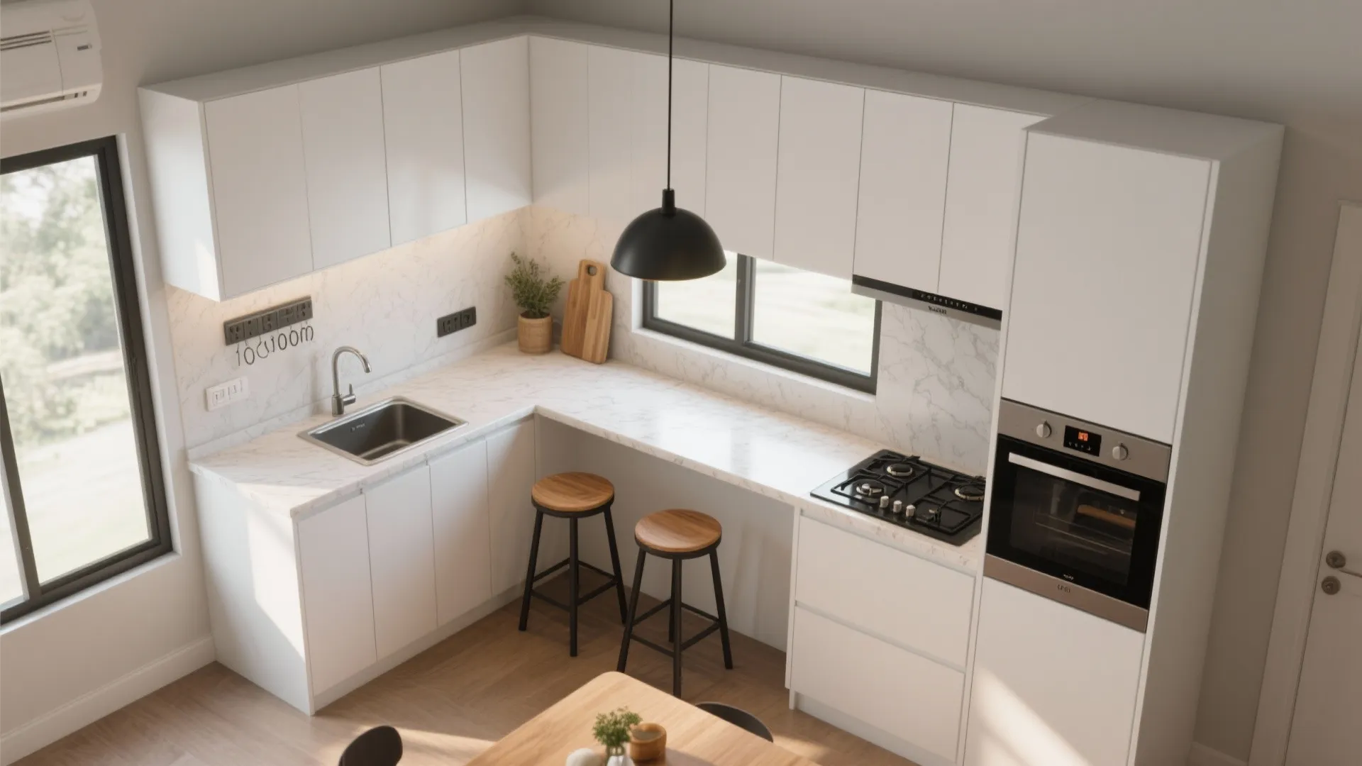 L-shaped small kitchen layout with a breakfast ledge