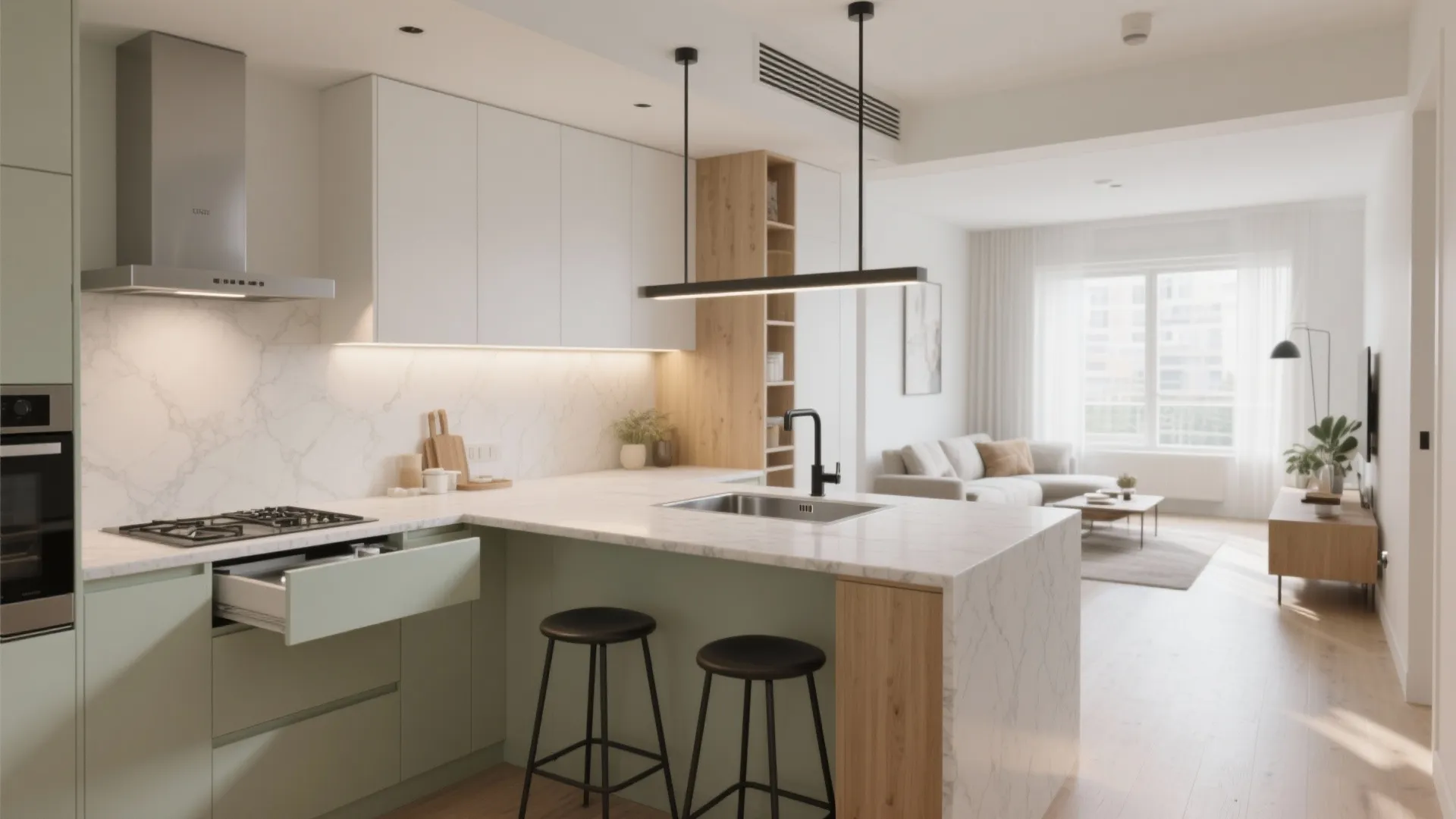 Open L-shaped kitchen with a breakfast ledge