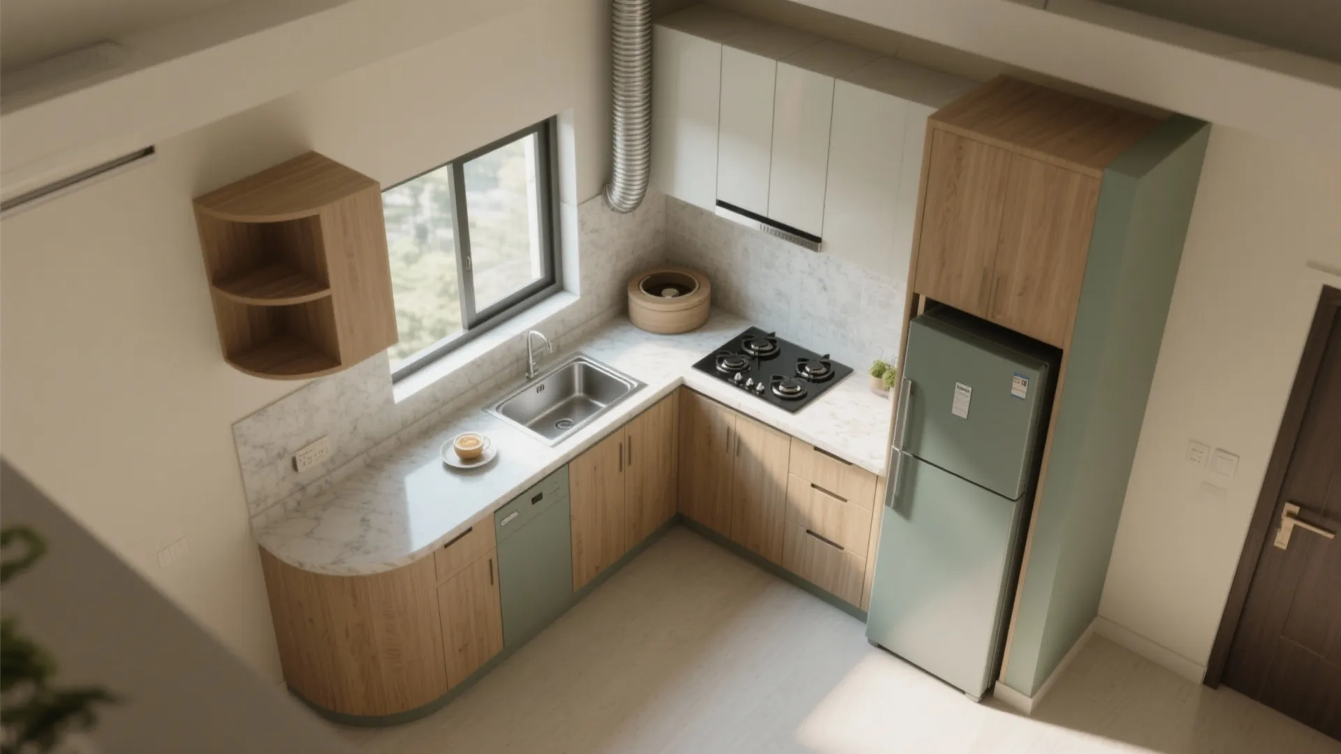 L-shaped small kitchen layout with a breakfast ledge