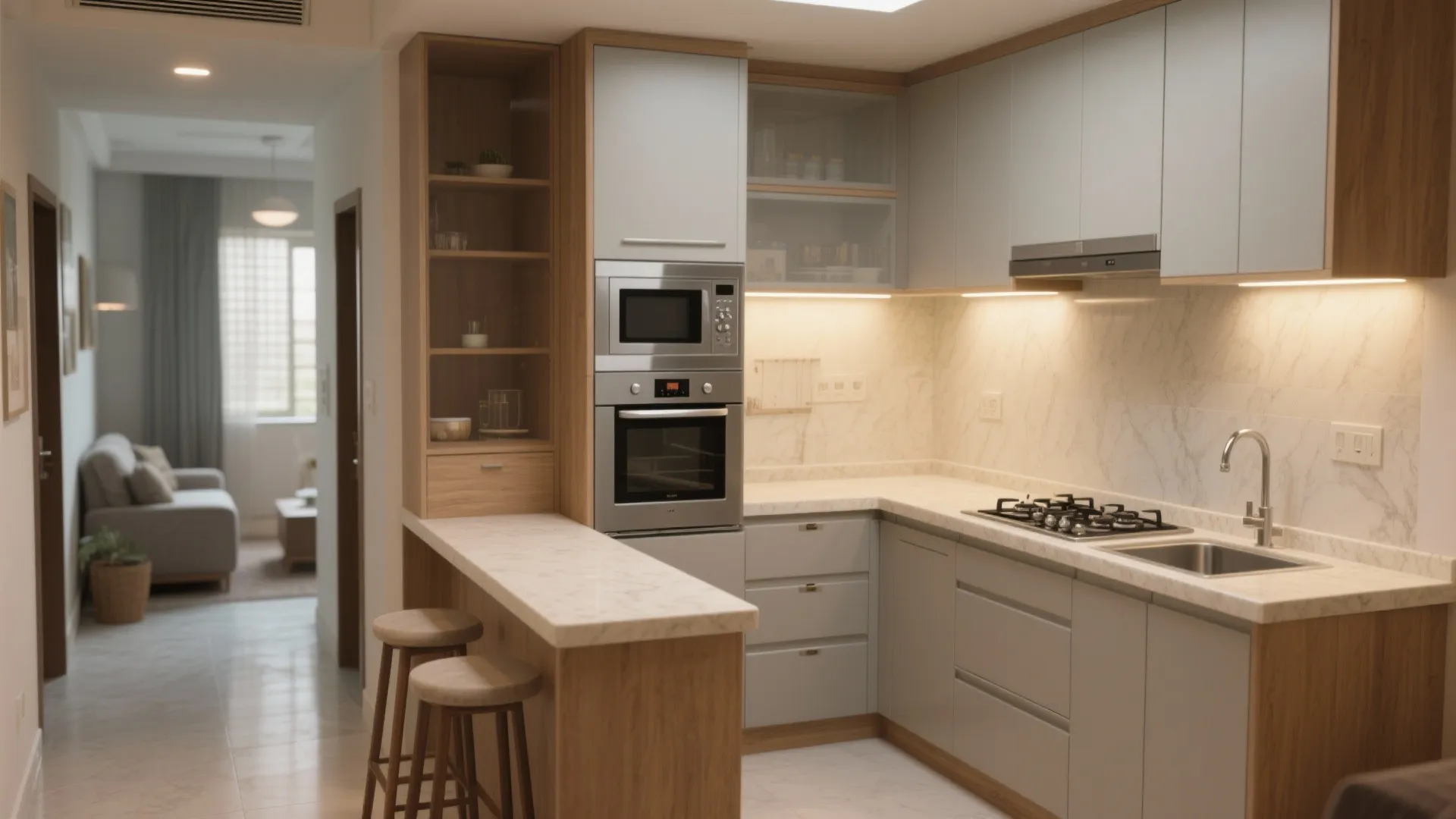 1) Smart L-shaped kitchen with a compact breakfast ledge
