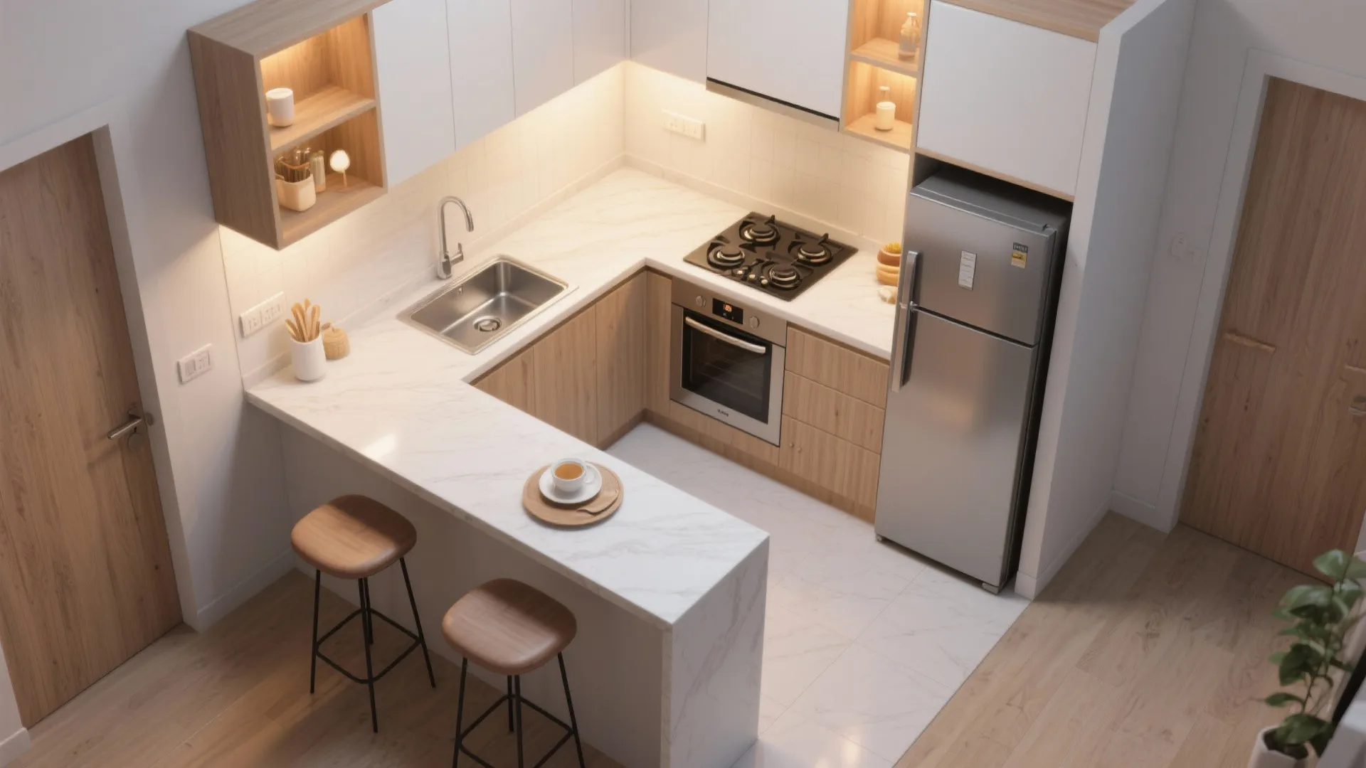 L-shaped kitchen with a breakfast ledge