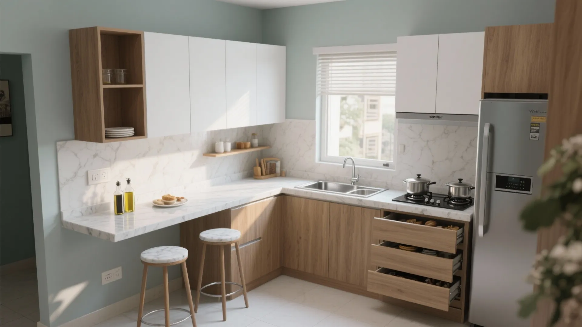 1) The L-shaped kitchen that doubles as a breakfast ledge