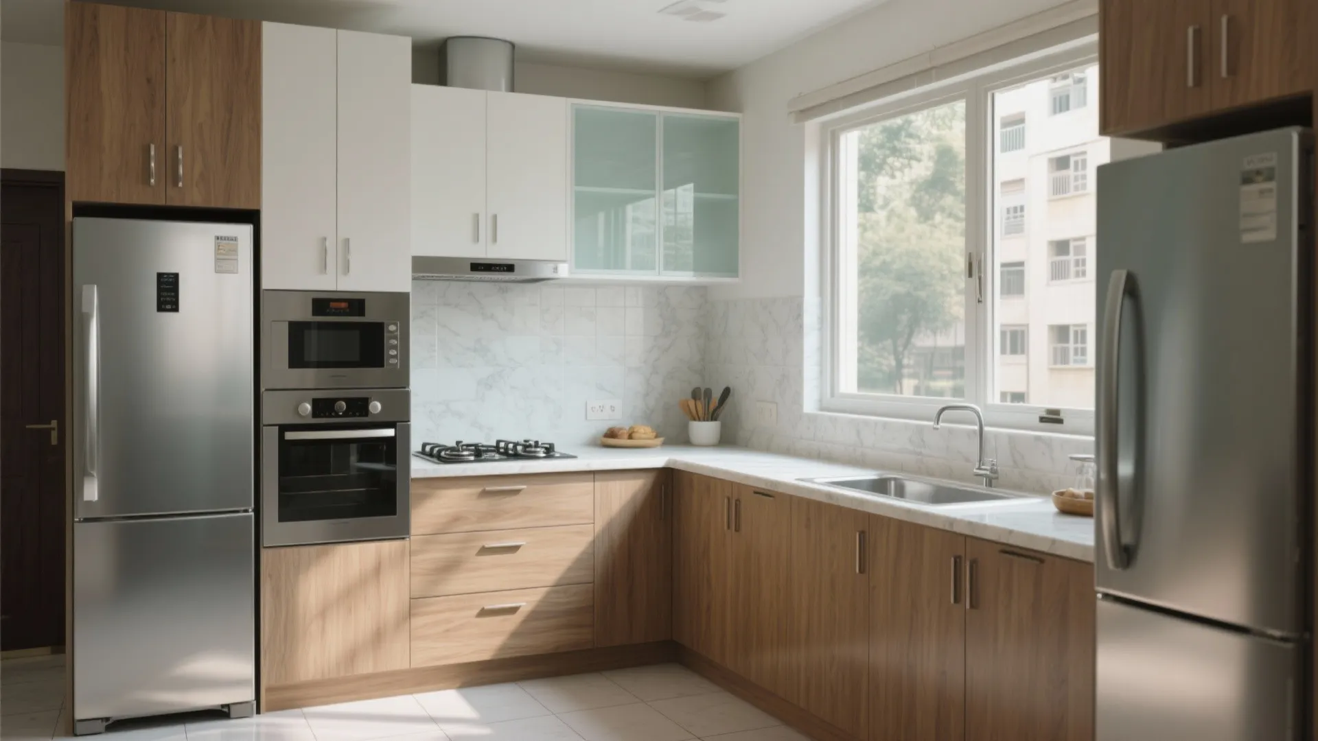 1) L-shaped modular kitchen with a breakfast ledge and a glass backsplash