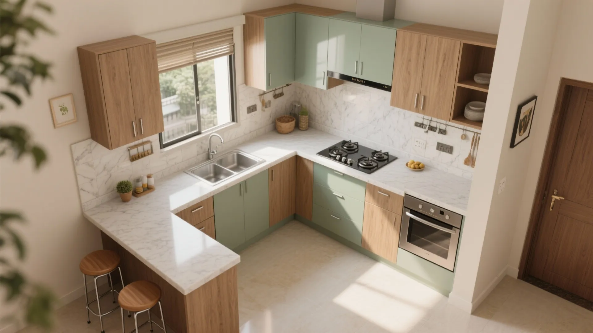 Modern L-shaped kitchen with green and wood cabinets white marble countertop sink and gas stove