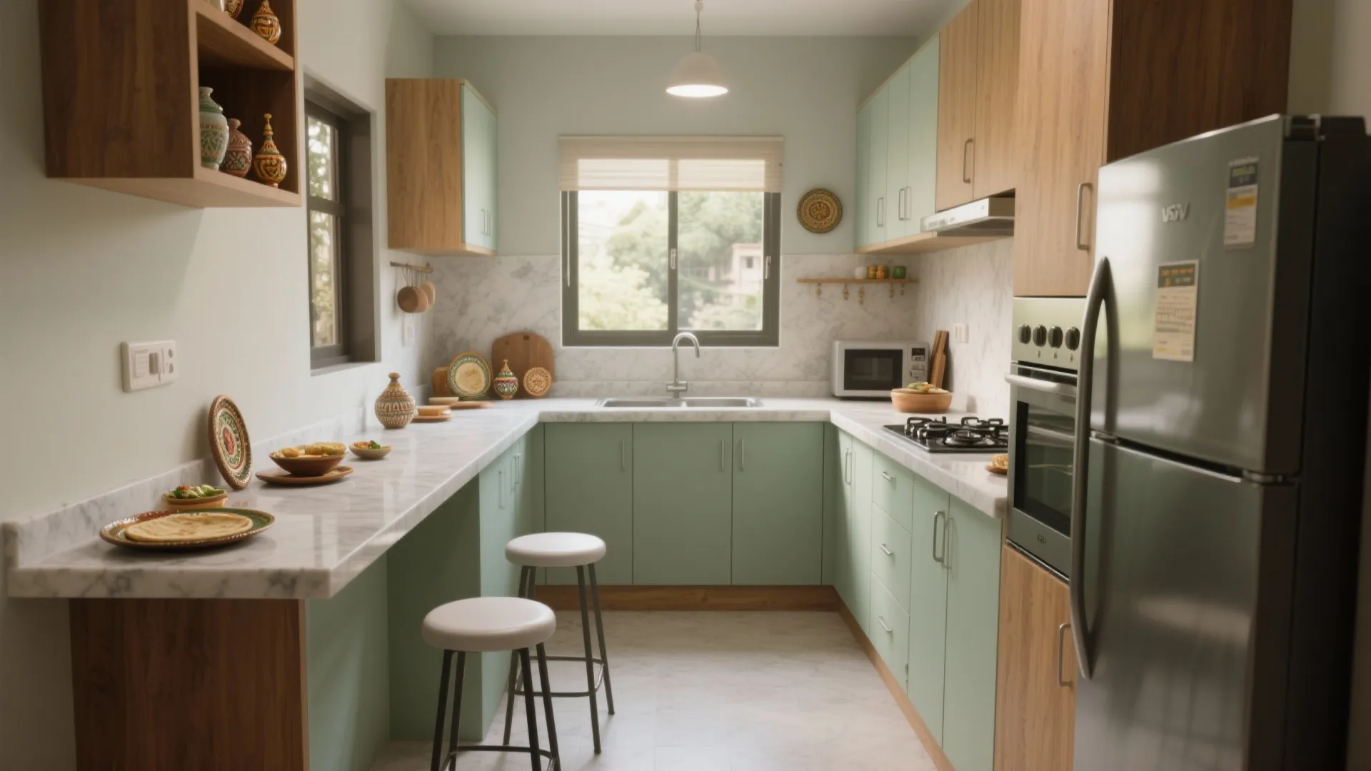 1) L-shaped kitchen with a slim breakfast ledge