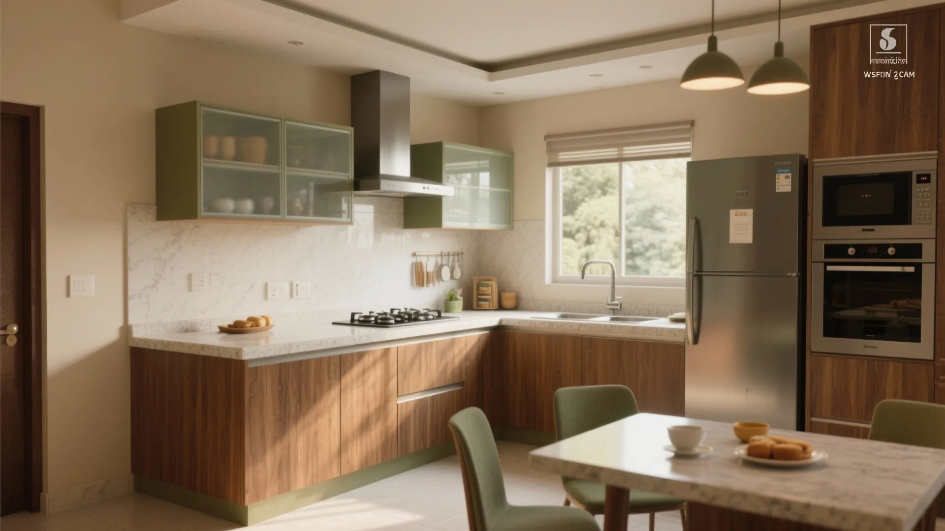 L-shaped kitchen flow and a social dining ledge