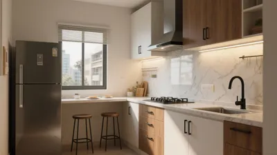 Modern L-Shaped Kitchen with Marble Backsplash & Smart Storage