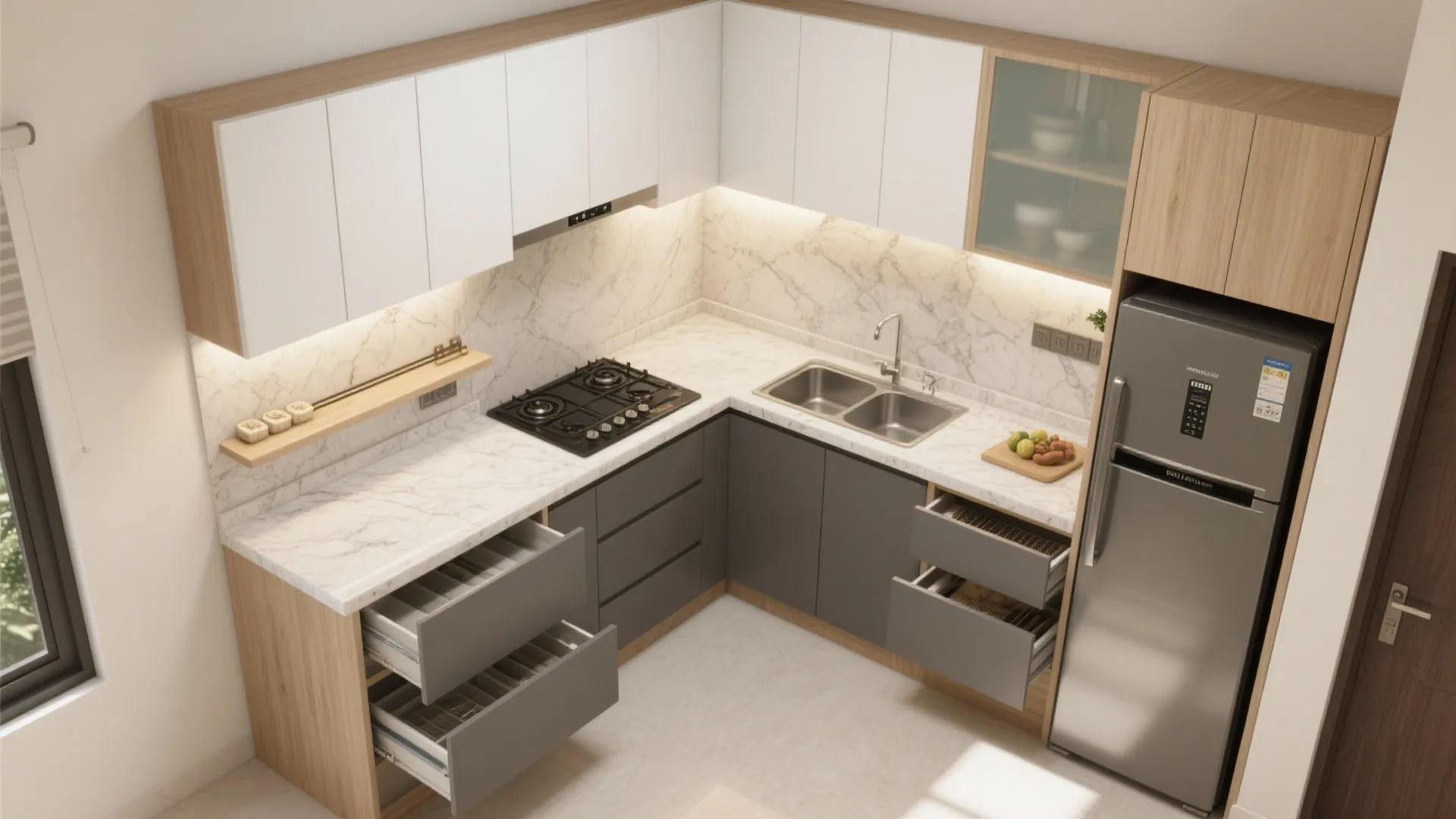 L-Shaped Kitchen with Breakfast Ledge + Compact Pantry