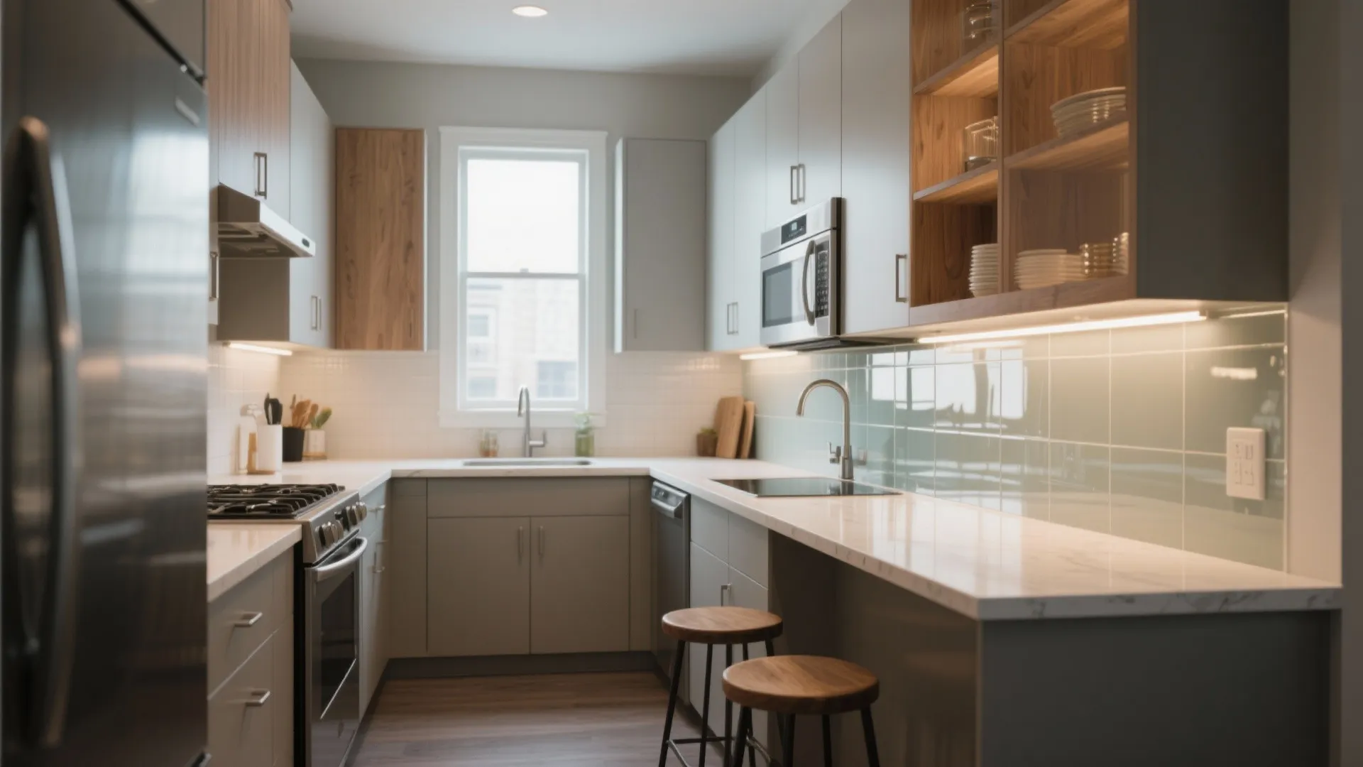 Modern grey U-shaped kitchen with wooden cabinets white marble countertops two bar stools and natural light