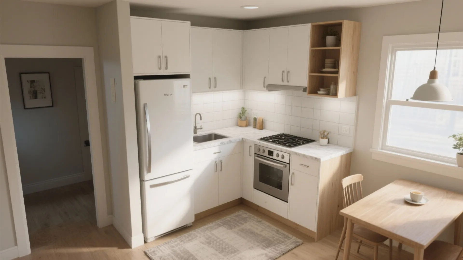 Small white kitchen design with white fridge and wooden table under a white ceiling light