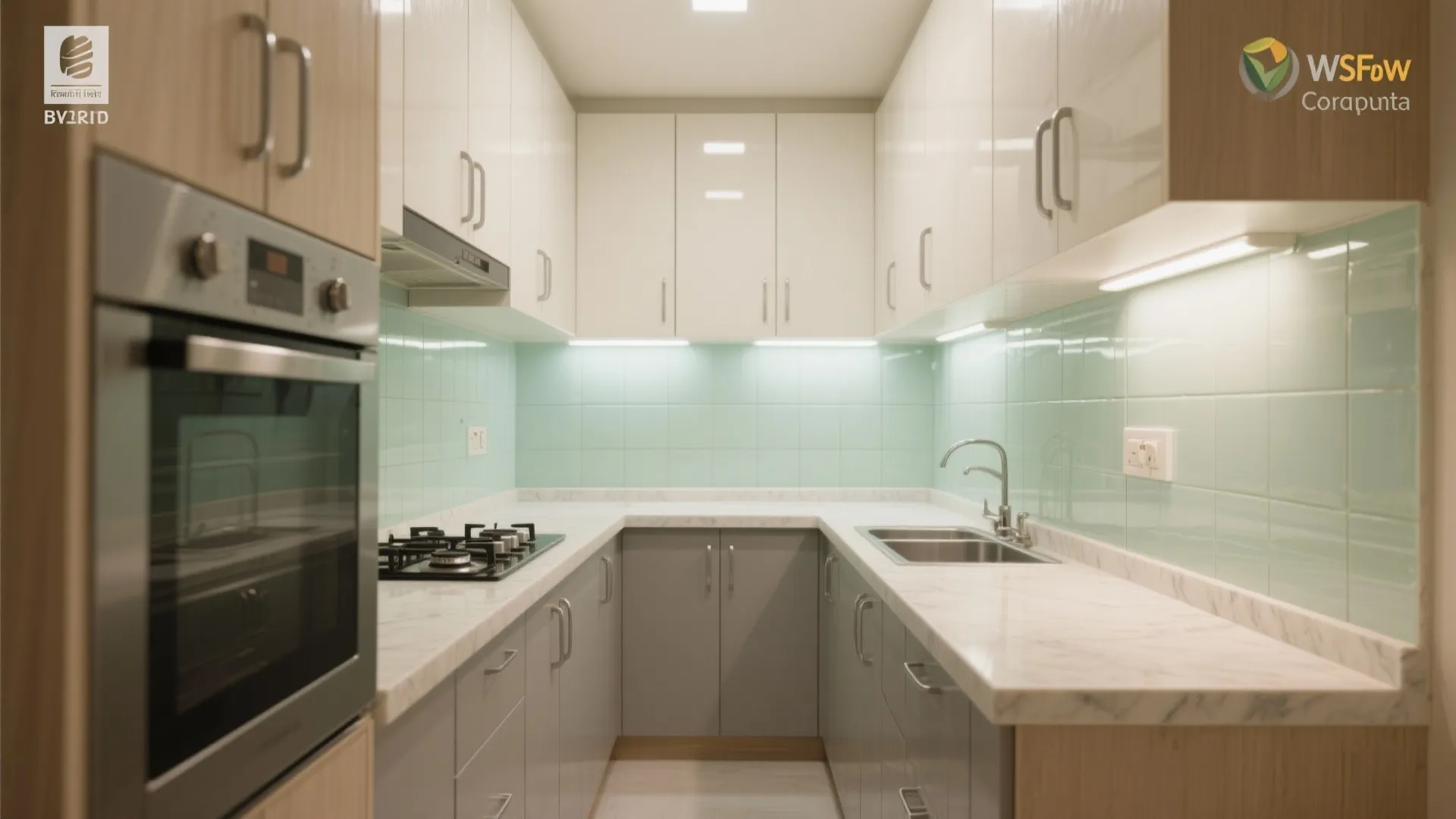 1) Modular galley or L-shaped kitchen with light-reflective finishes