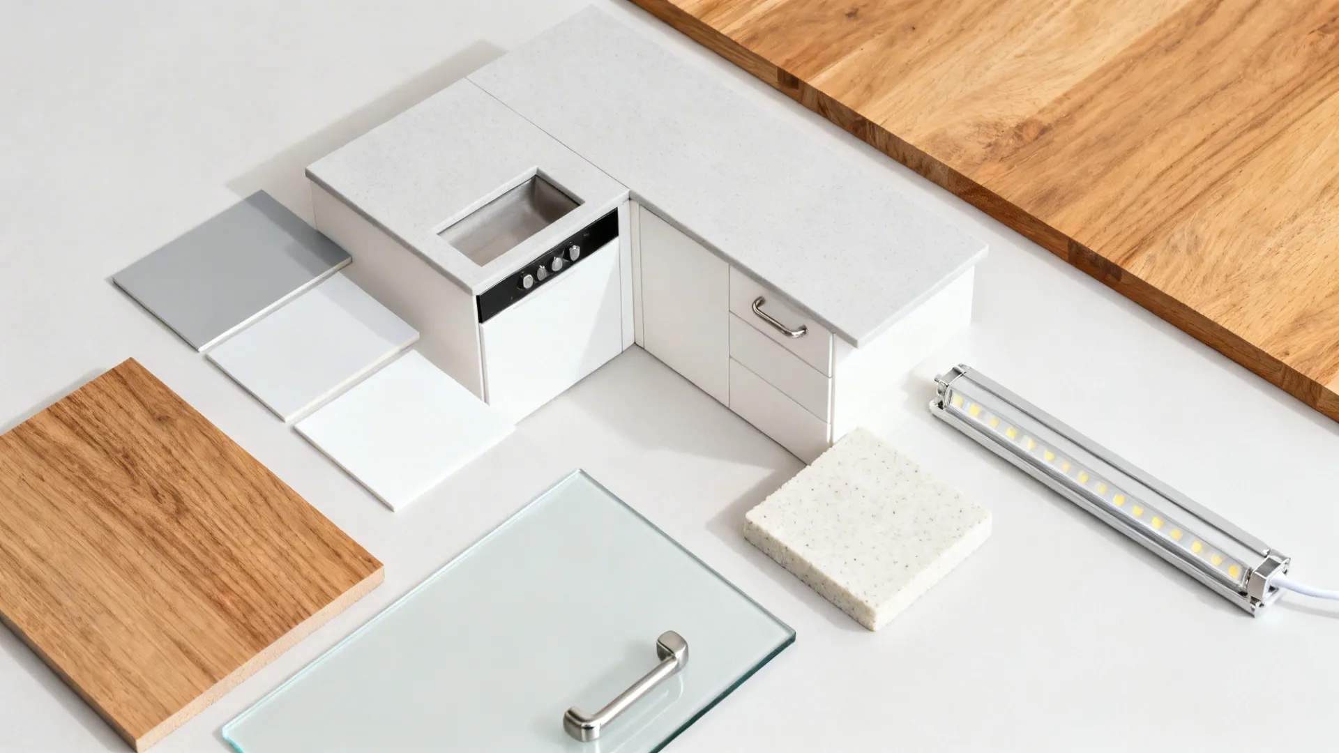 Flat lay of modular kitchen materials including laminate, oak veneer, glass backsplash, quartz, and hardware.