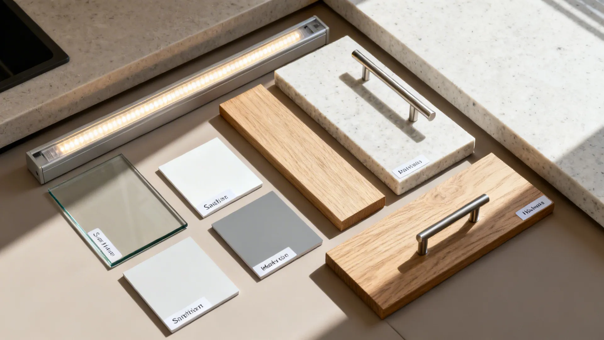 Flat lay of small L-kitchen materials: low-iron glass, satin paint chips, white oak, quartz, hardware, and LED channel.
