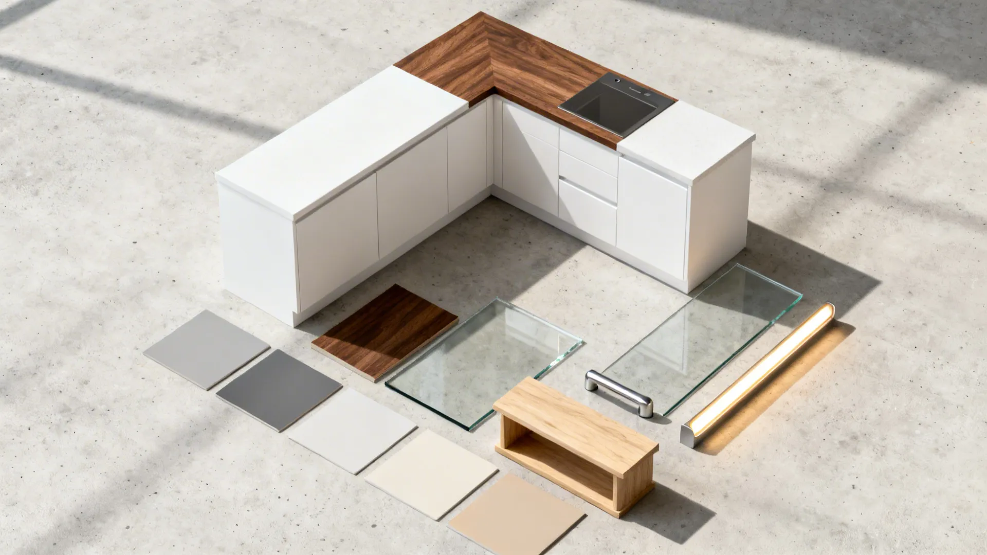 L-shaped white kitchen cabinet model with wood countertop and material samples displayed on concrete floor