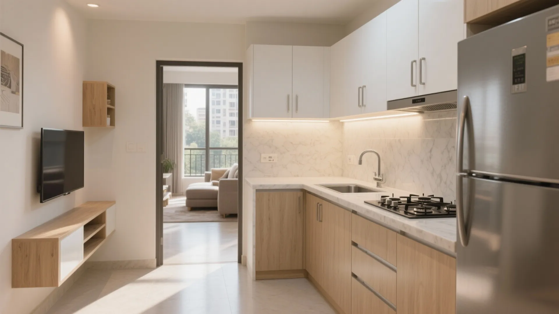 Open L-shaped Micro-Kitchen That Shares Light