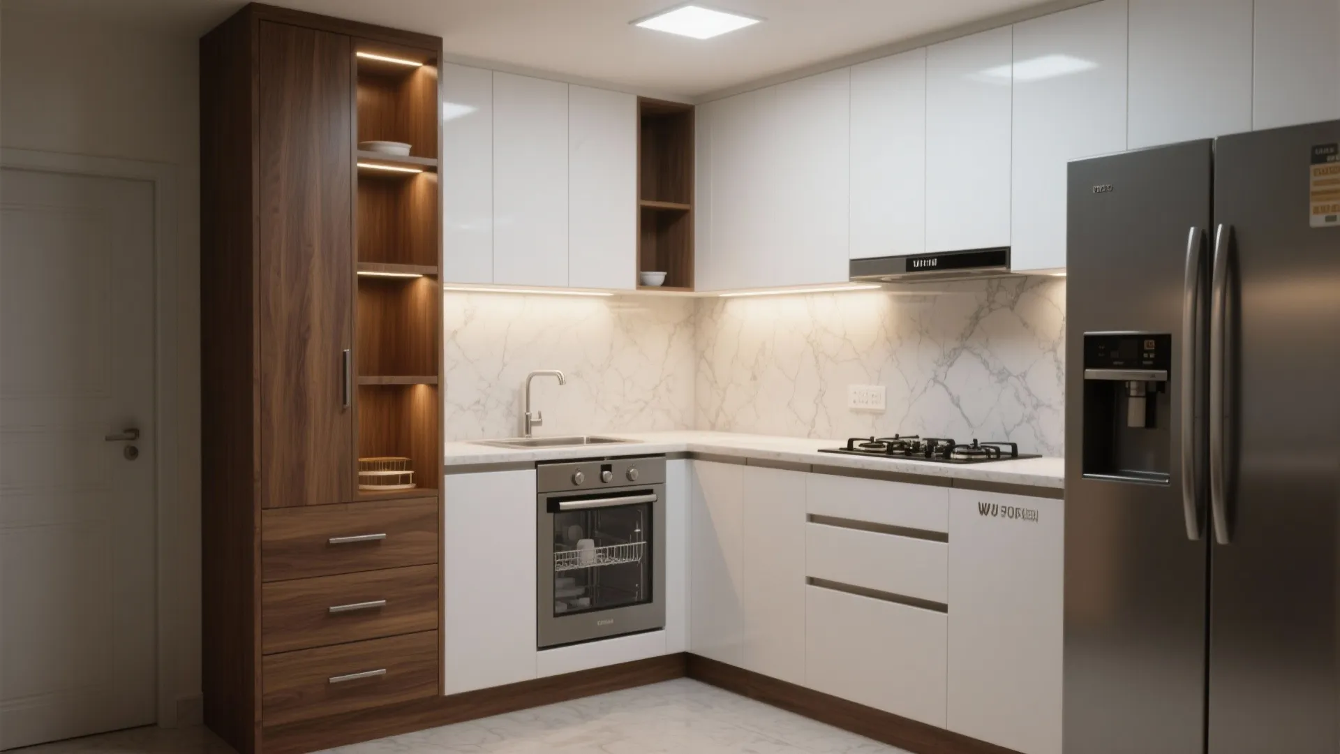 Modular L-shaped kitchen with vertical storage
