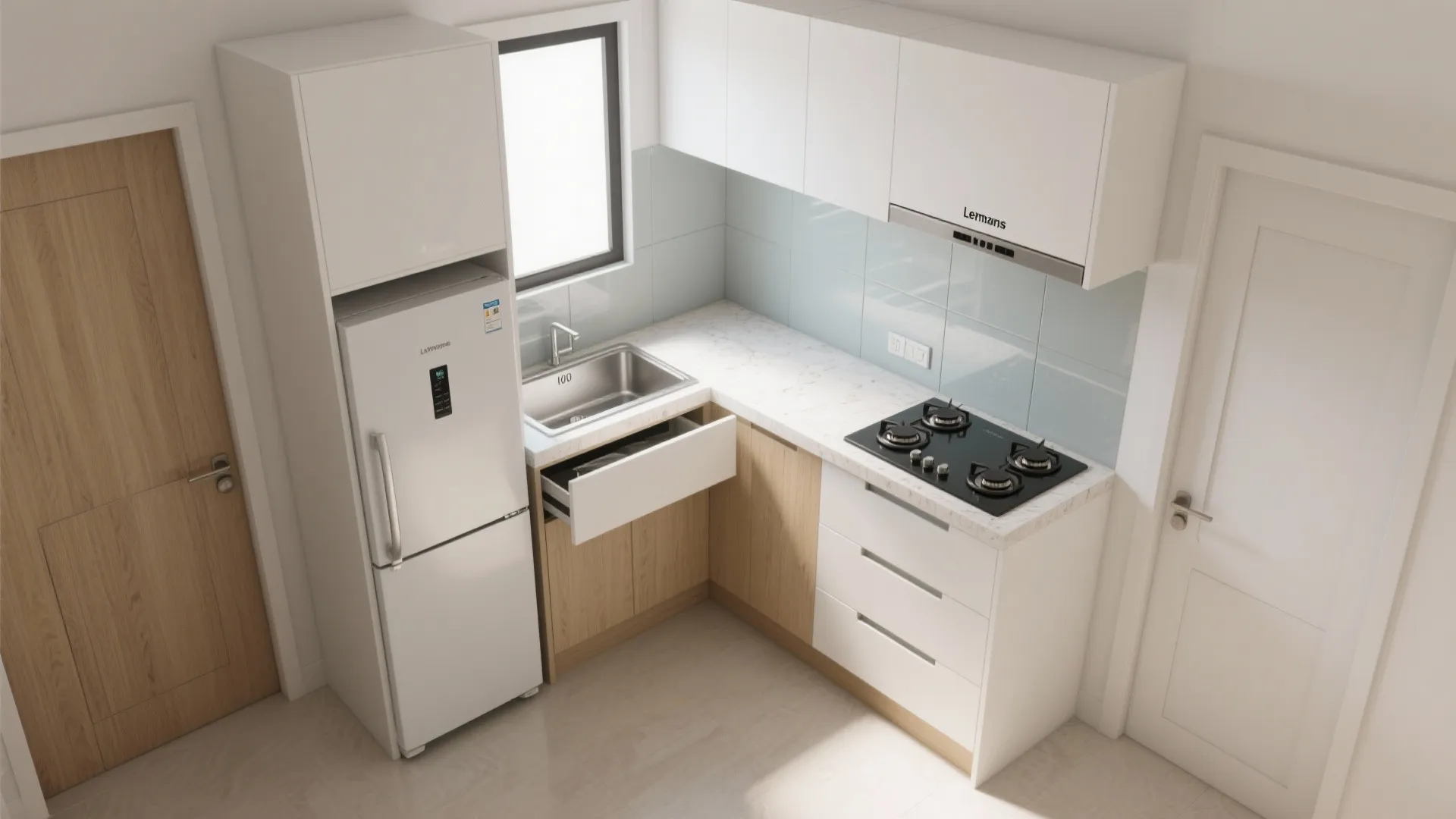L-shaped micro-kitchen layout that works with traffic