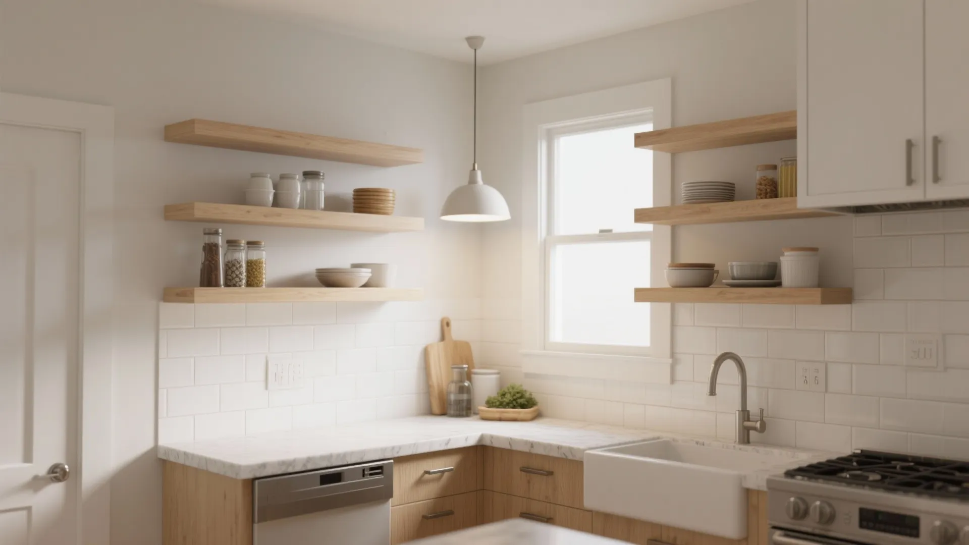 L-shaped small kitchen elevation with open shelves