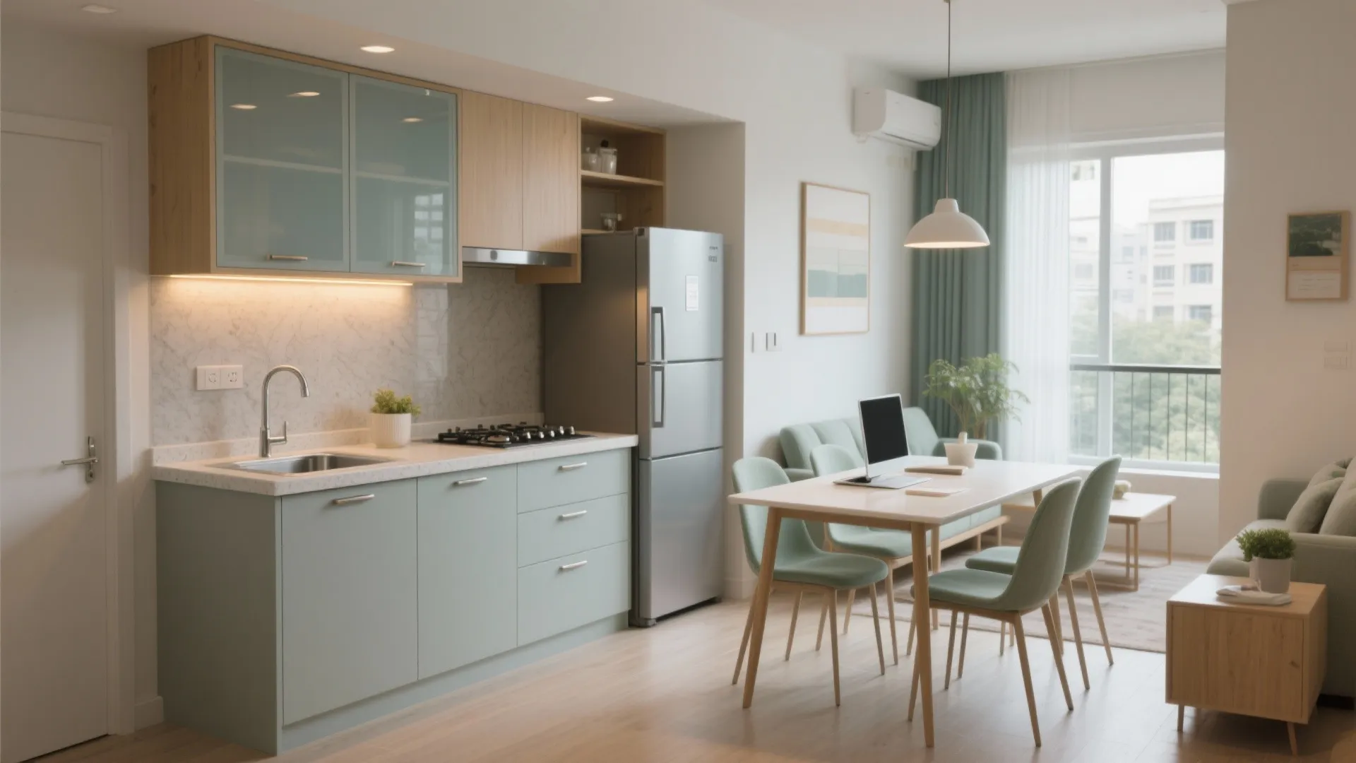 Modern kitchen with green cabinets and wooden table connected to a small light living room