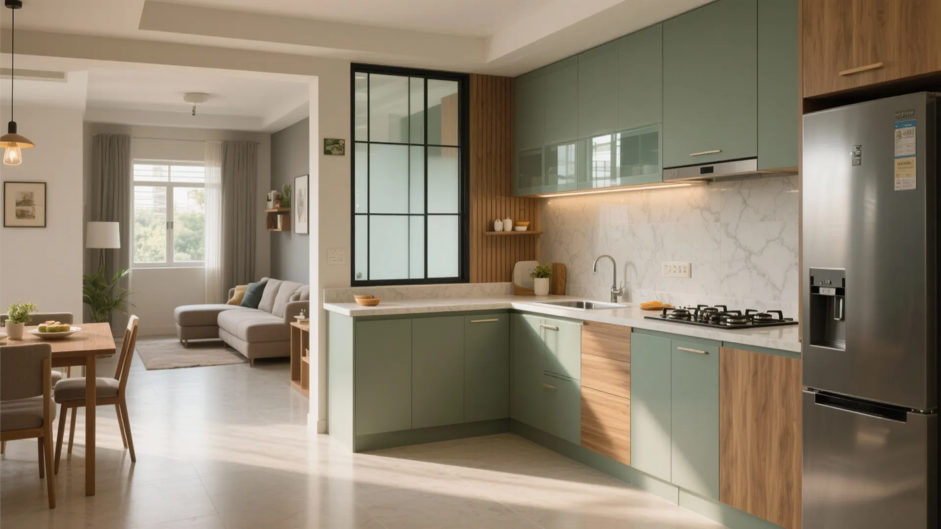 L-Shaped Kitchen with Open Living Flow