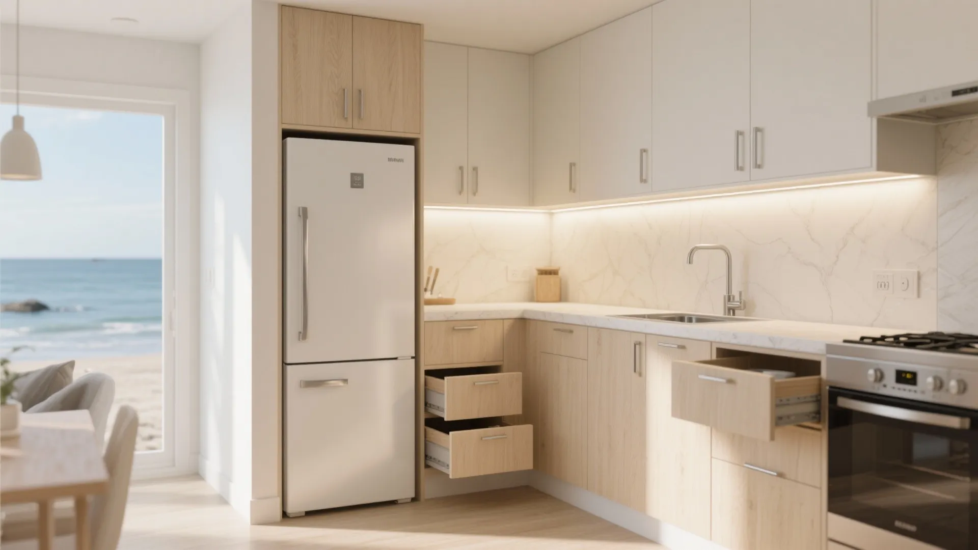 L-shaped kitchen with a tall pantry anchor