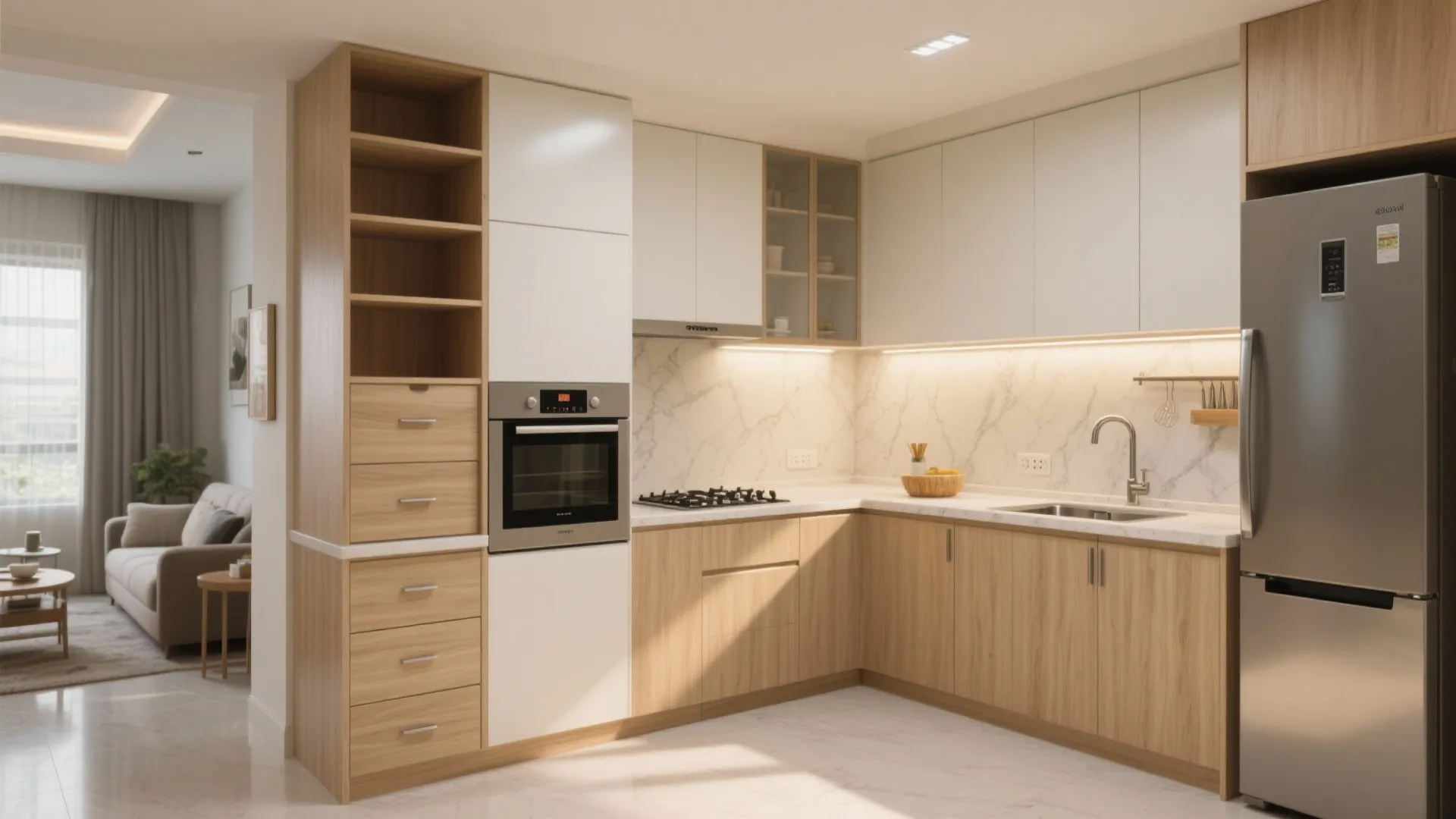 L-Shaped Modular Kitchen with a Tall Pantry Tower