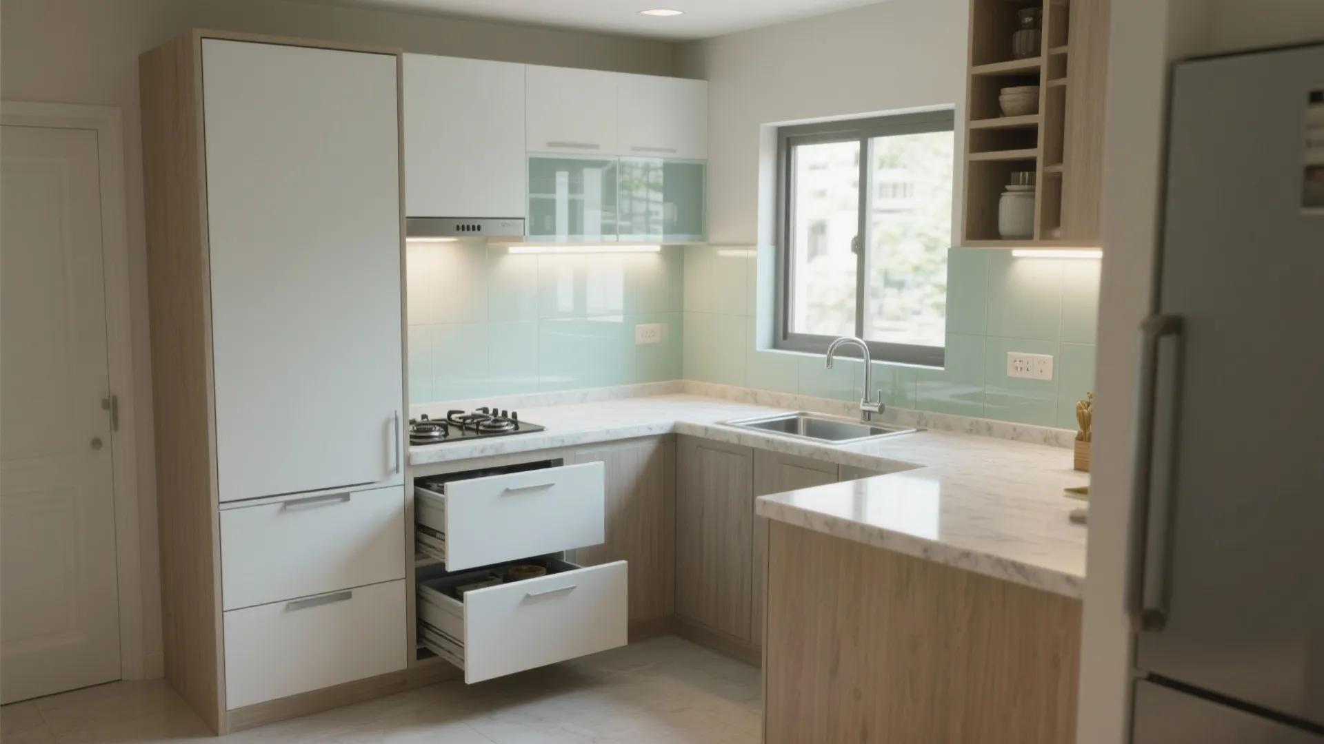 Modern L-shaped kitchen with white cabinets light wood accents marble countertops and a large window