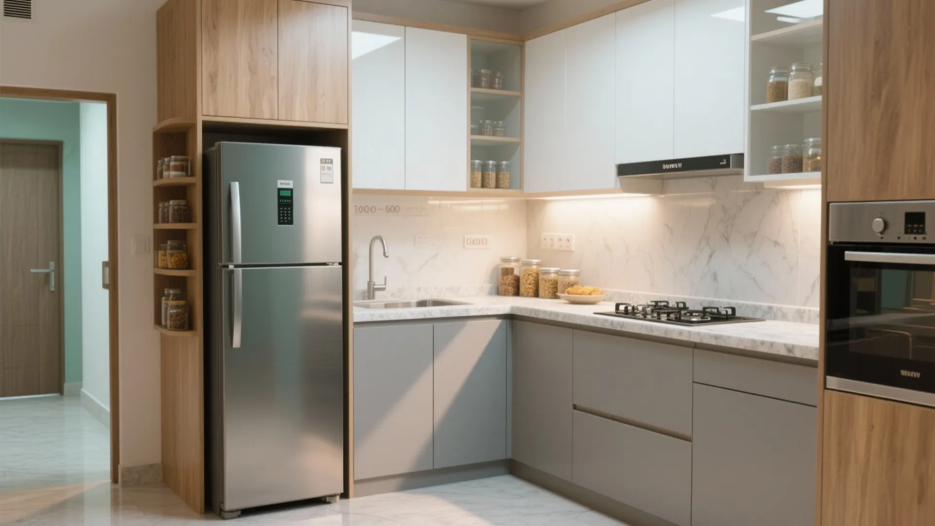 1) L-shaped modular kitchen with a tall pantry wall