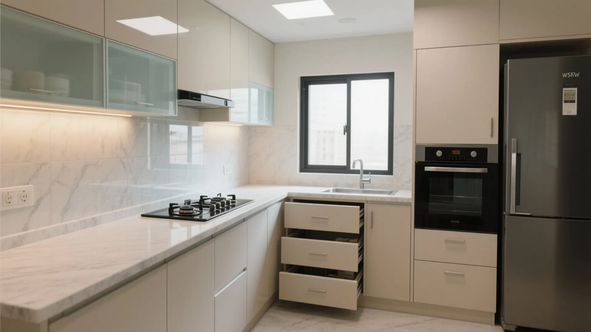 Smart L-shaped Kitchen with Vertical Pantry and Easy-to-clean Surfaces