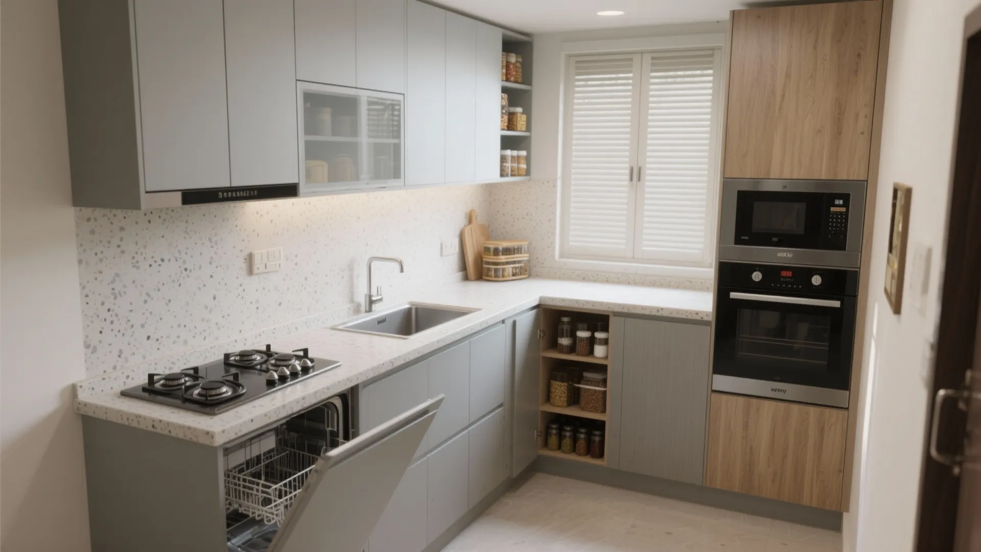 1) L-Shaped Kitchen with Tall Storage