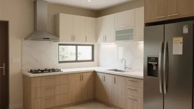 Modern L-Shaped Kitchen with Wood Tone Cabinetry