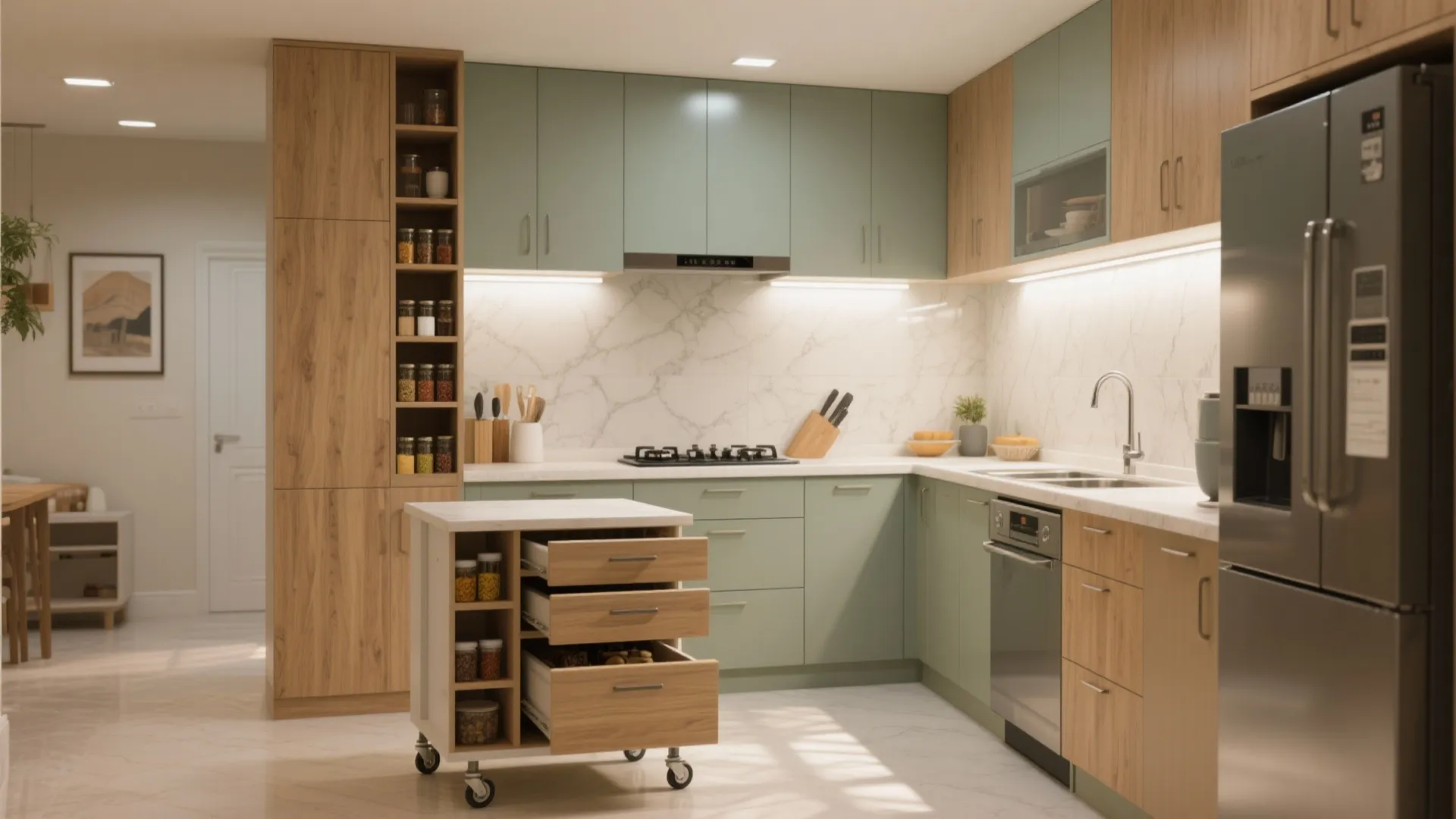 Compact L-shaped kitchen with tall pantry, movable island, and pull-out spice column.