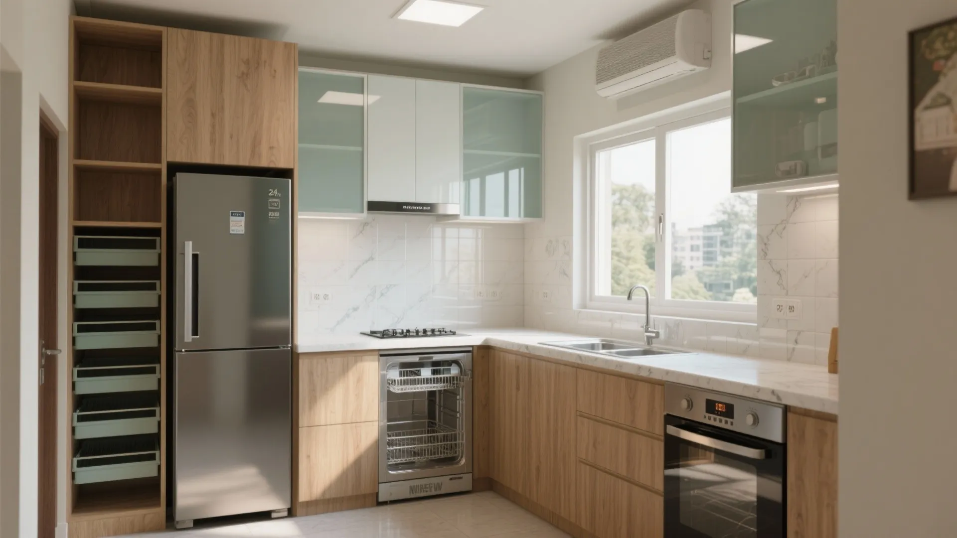 1) L-shaped modular kitchen with a tall pantry